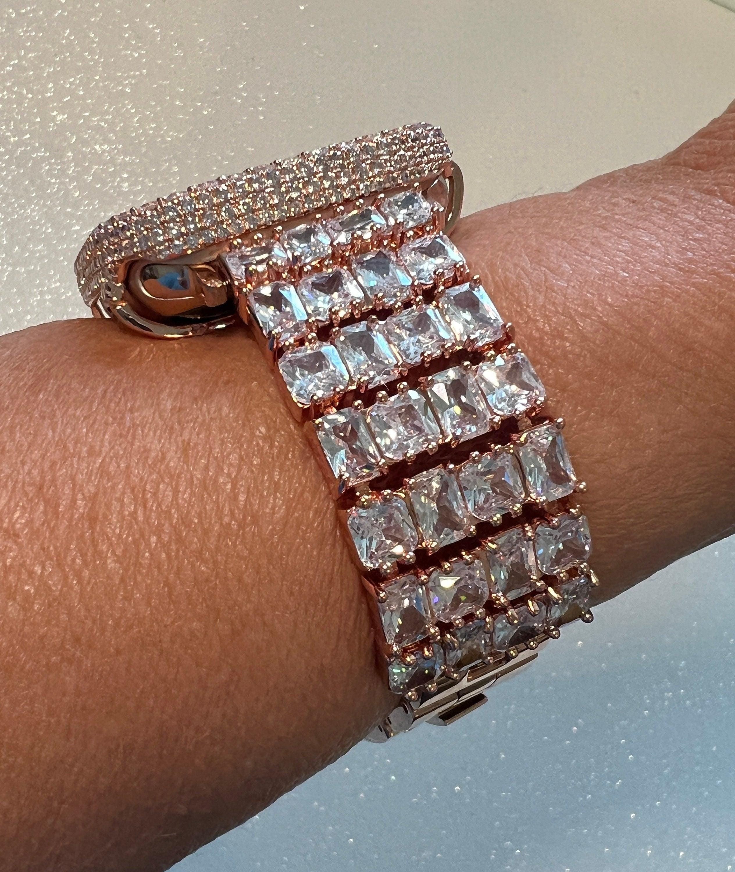 Bold Statement Apple Watch Band Womens Rose Gold Swarovski Crystals & or Apple Watch Case, Lab Diamond Bezel, Bling Apple Watch Cover