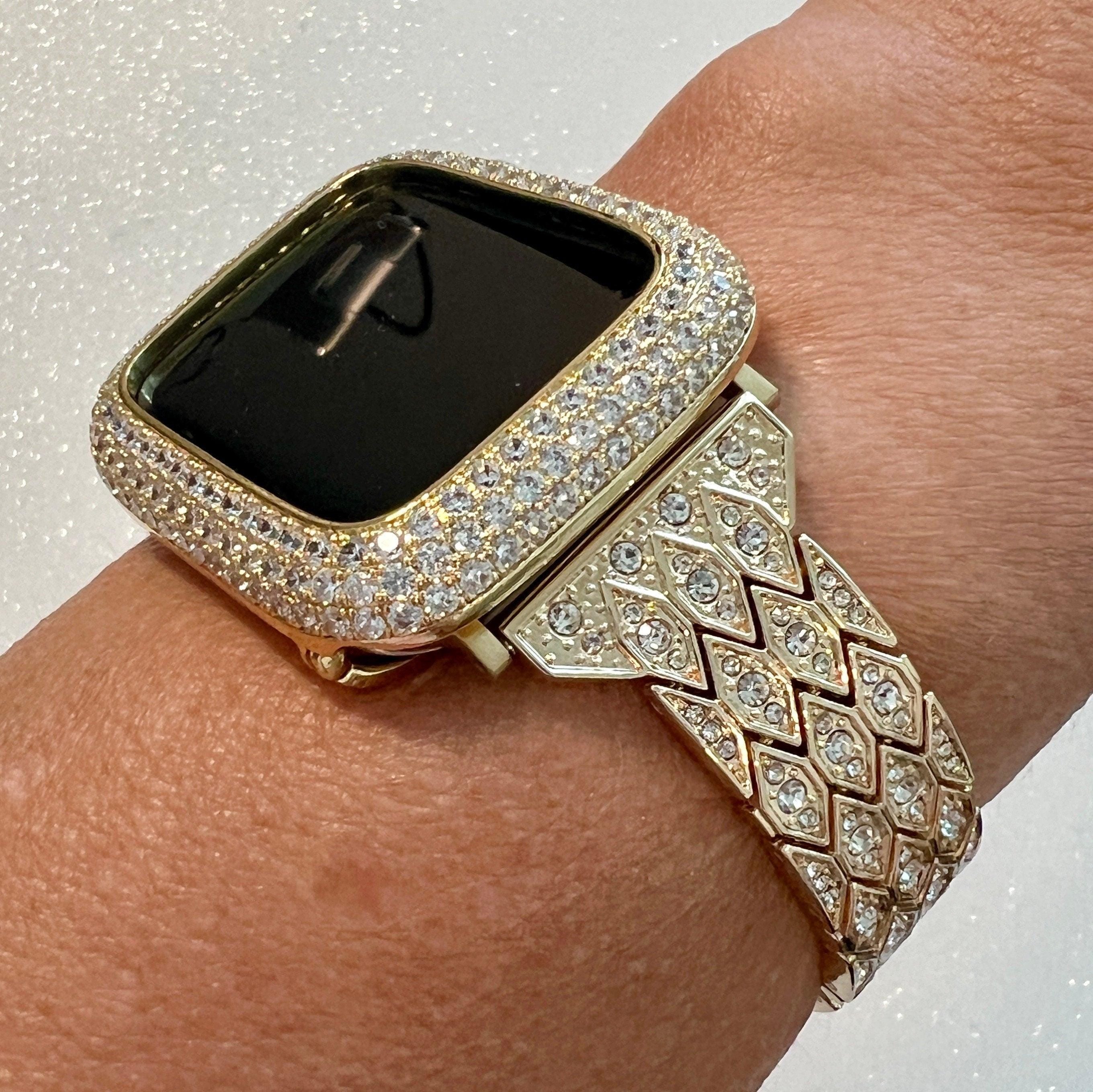 Pave Apple Watch Band Womens Gold Swarovski Crystals 38mm-49mm Ultra & or Apple Watch Cover Lab Diamond Bezel Apple Watch Case Iphone Watch