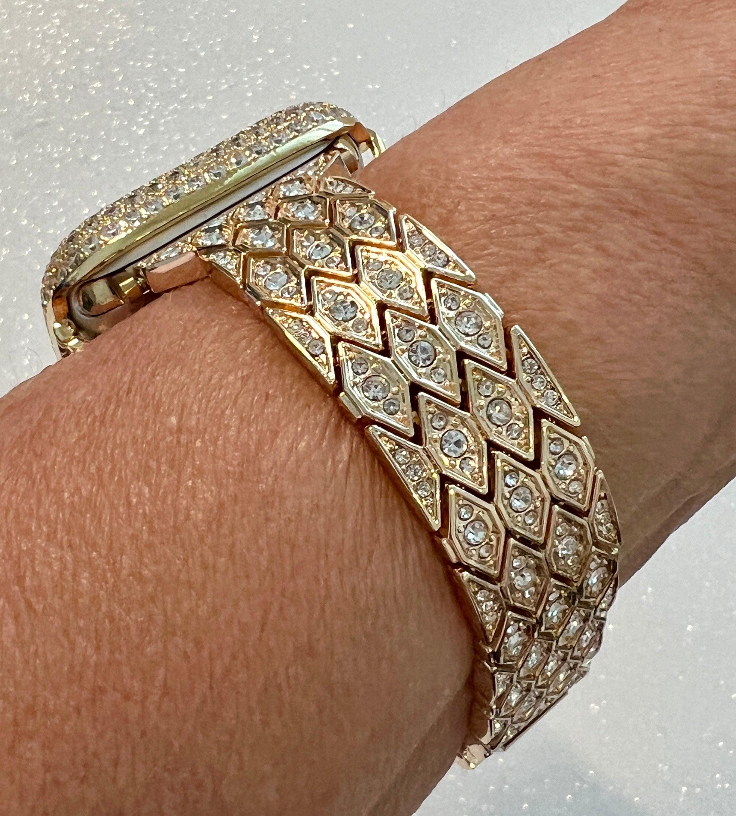 Pave Apple Watch Band Womens Gold Swarovski Crystals 38mm-49mm Ultra & or Apple Watch Cover Lab Diamond Bezel Apple Watch Case Iphone Watch