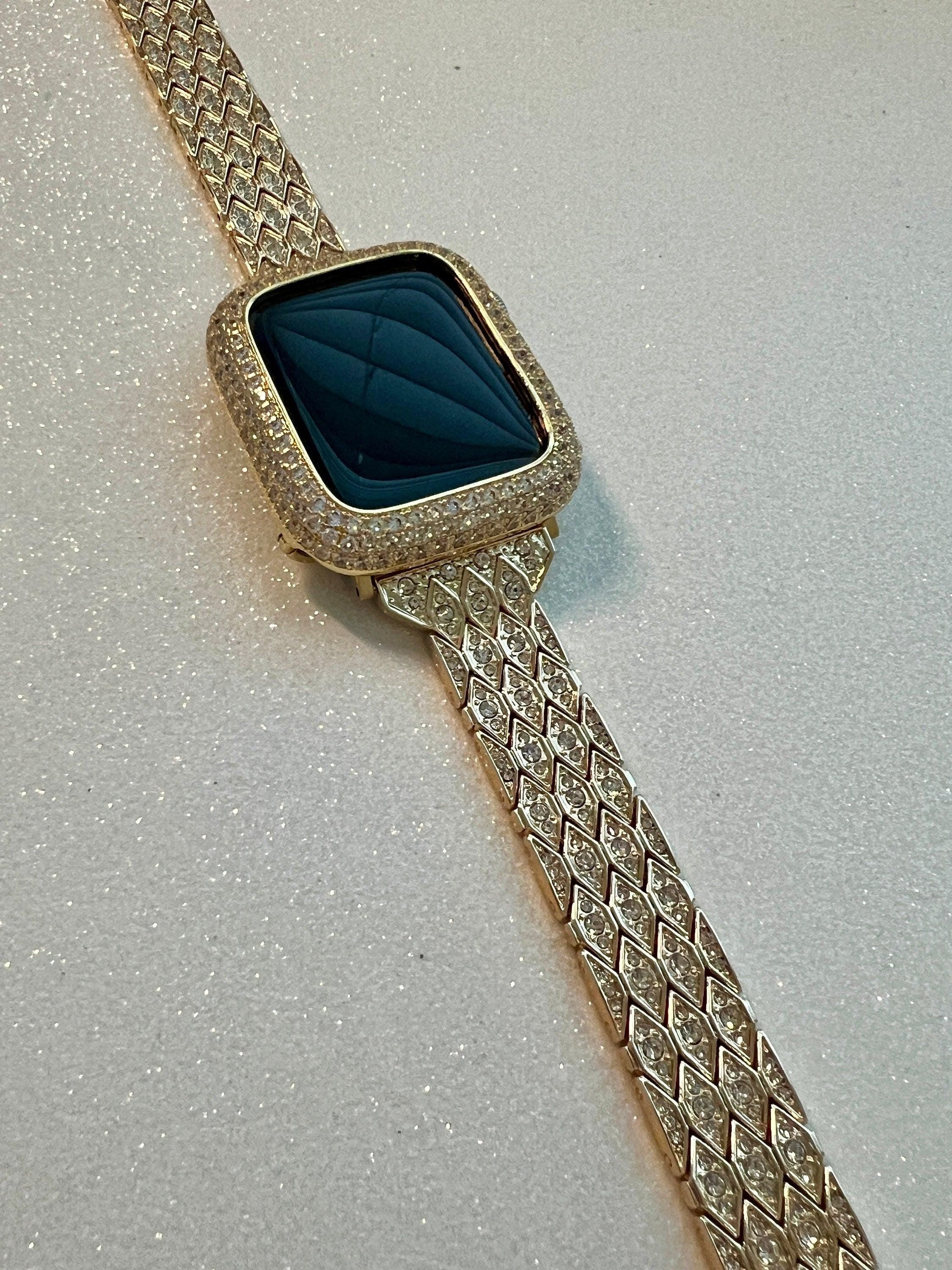 Pave Apple Watch Band Womens Gold Swarovski Crystals 38mm-49mm Ultra & or Apple Watch Cover Lab Diamond Bezel Apple Watch Case Iphone Watch