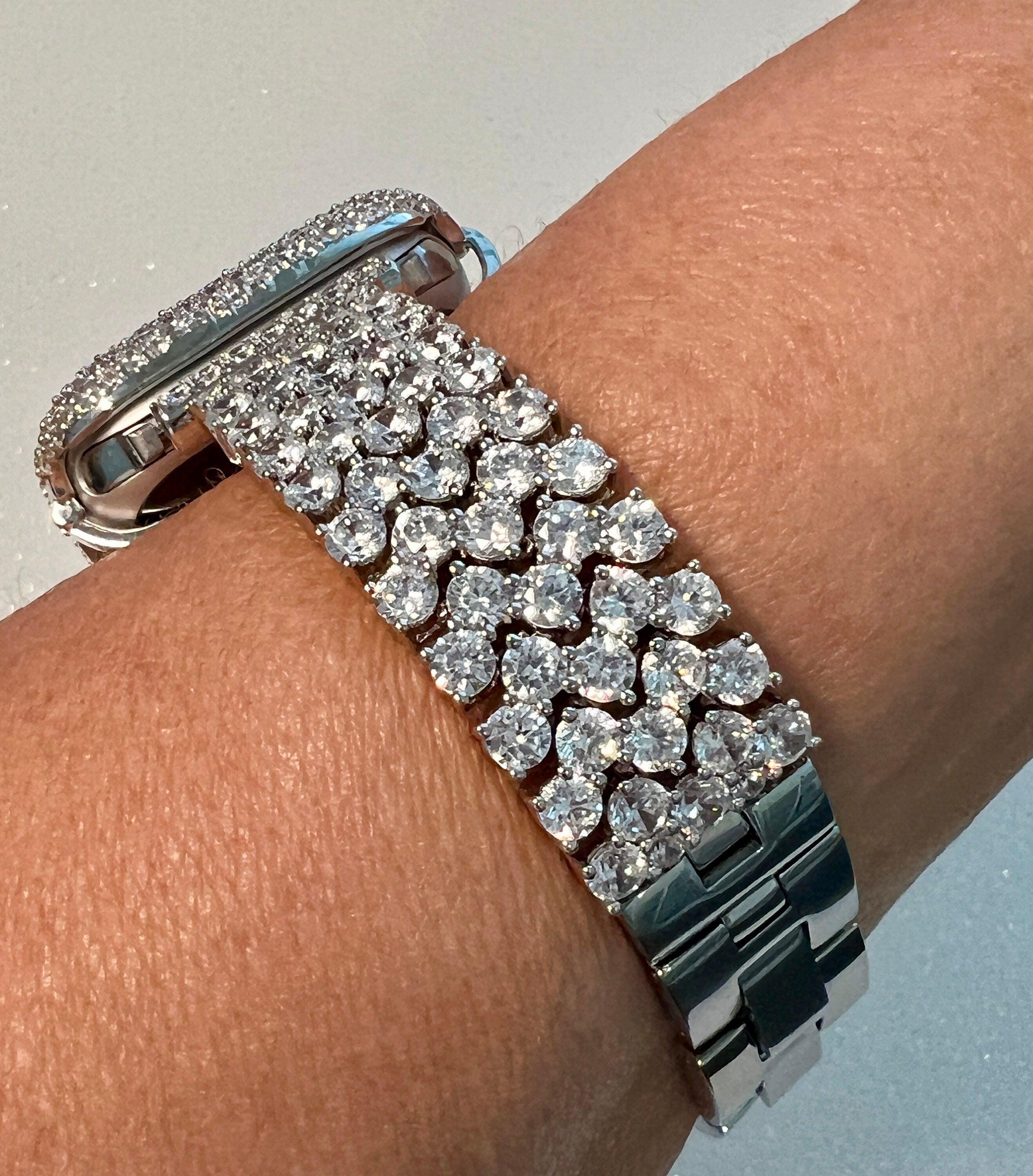 Iced Designer Apple Watch Band Womens Silver Bracelet & or Apple Watch Case Lab Diamond Bezel Iphone Watch Cover Iwatch Candy Bling