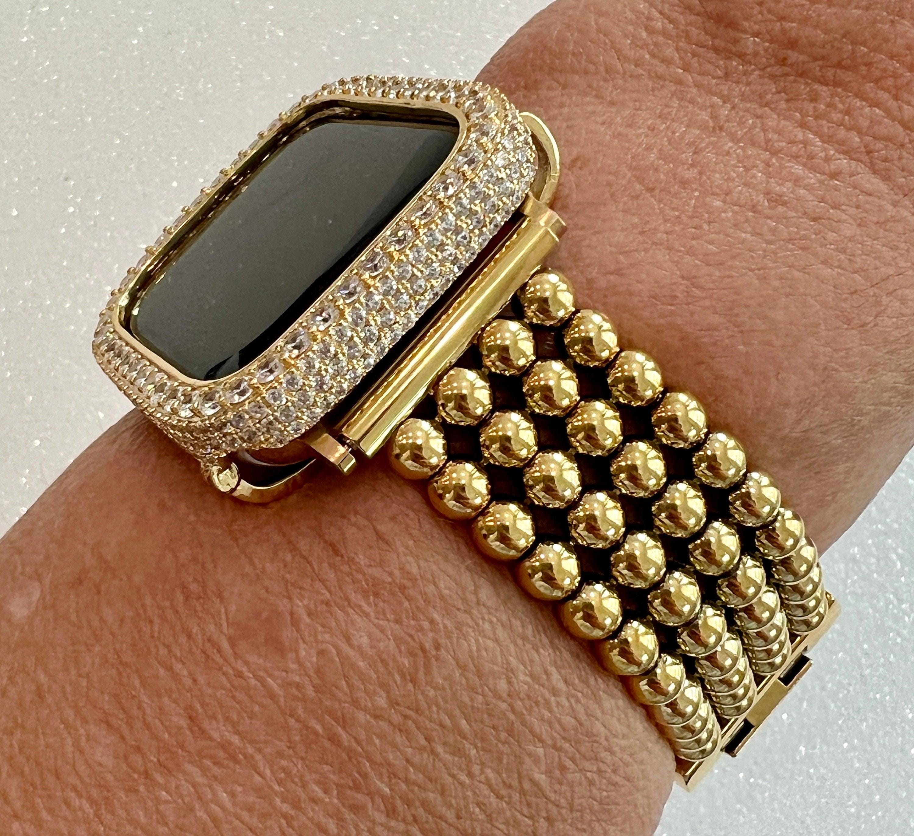 Gold Apple Watch Band Women Four Row Beaded 38mm-49mm Ultra, Iwatch Phone band & or Apple Watch Case Lab Diamond Bezel Cover Gift
