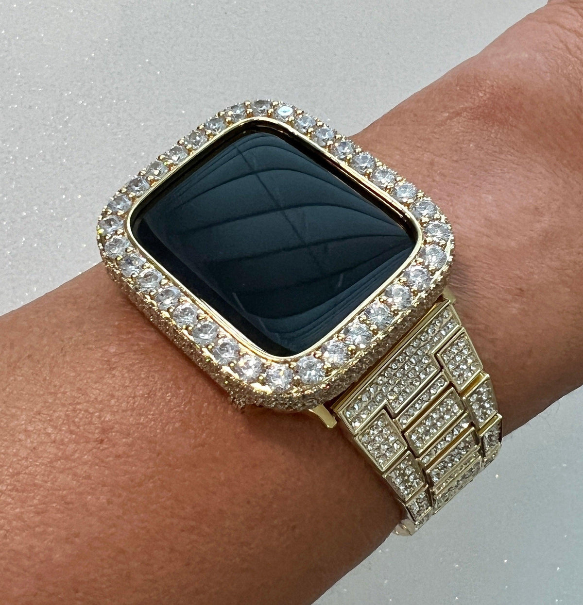 Mens Apple Watch Band Women Gold Pave Crystals & or Apple Watch Cover 3.5mm Lab Diamond Bezel Smartwatch Bumper Case Iwatch Candy