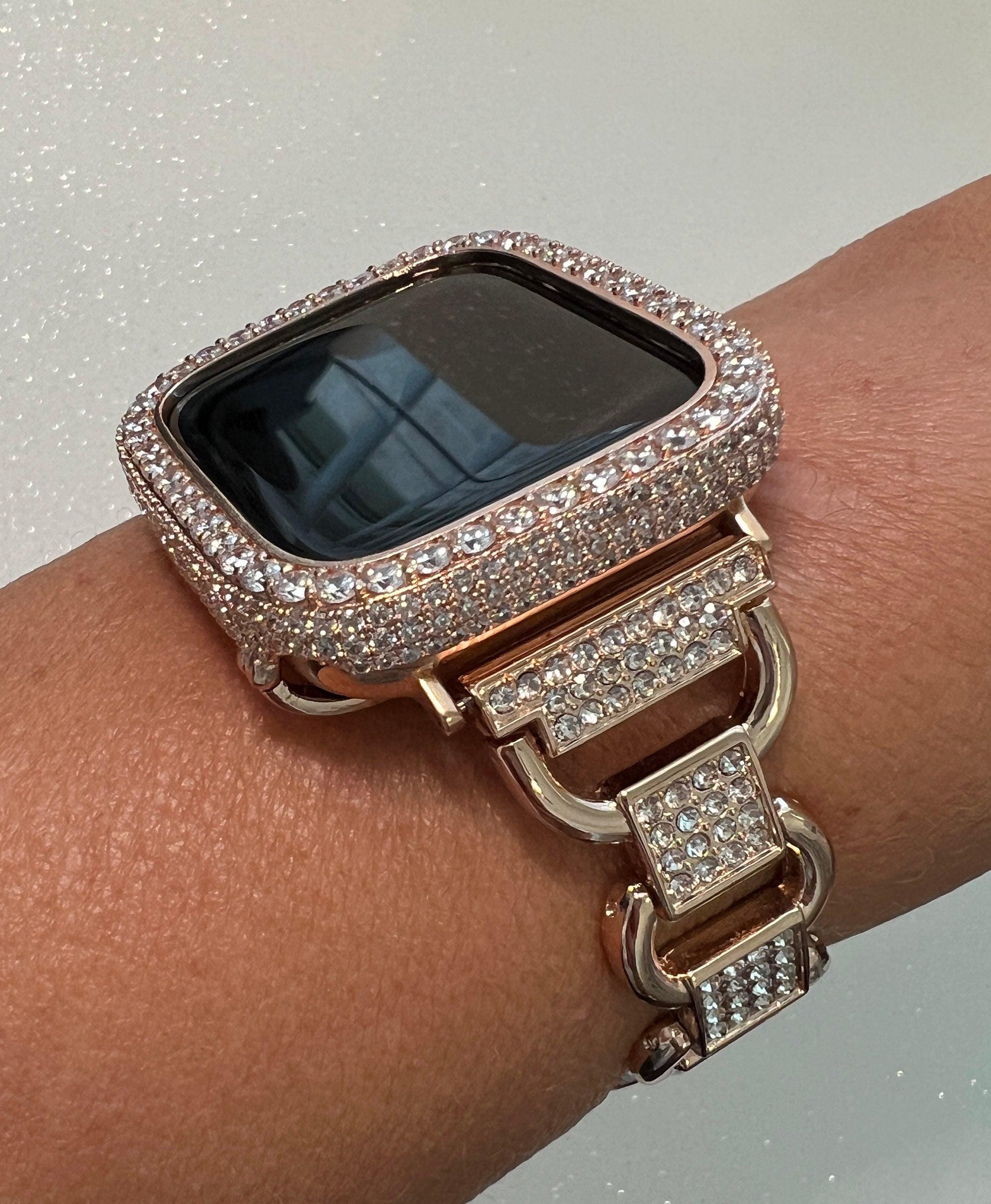 Rose Gold Apple Watch Band Women Crystals & or Apple Watch Case Lab Diamond Bumper Cover 38mm-49mm Iwatch Candy Bling