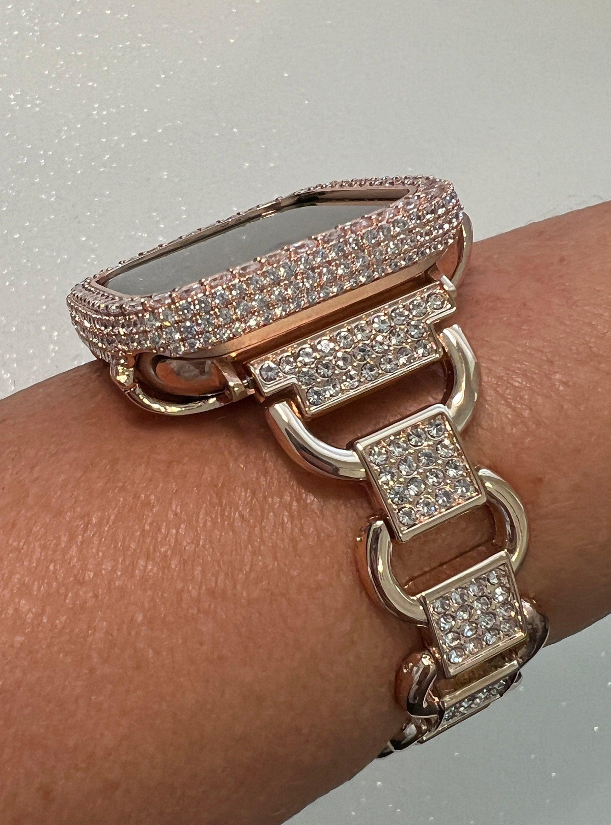 Rose Gold Apple Watch Band Women Crystals & or Apple Watch Case Lab Diamond Bumper Cover 38mm-49mm Iwatch Candy Bling