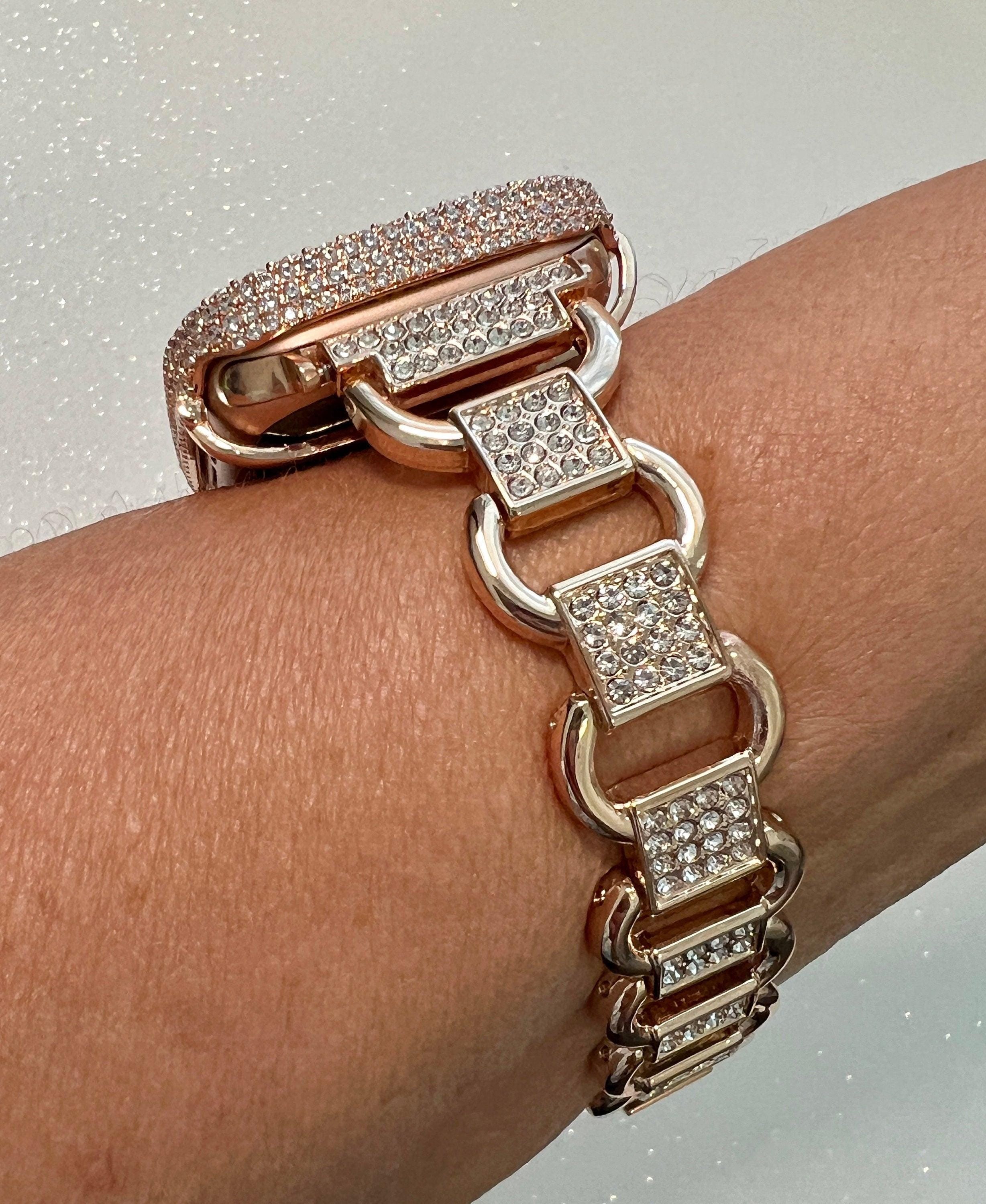 Rose Gold Apple Watch Band Women Crystals & or Apple Watch Case Lab Diamond Bumper Cover 38mm-49mm Iwatch Candy Bling