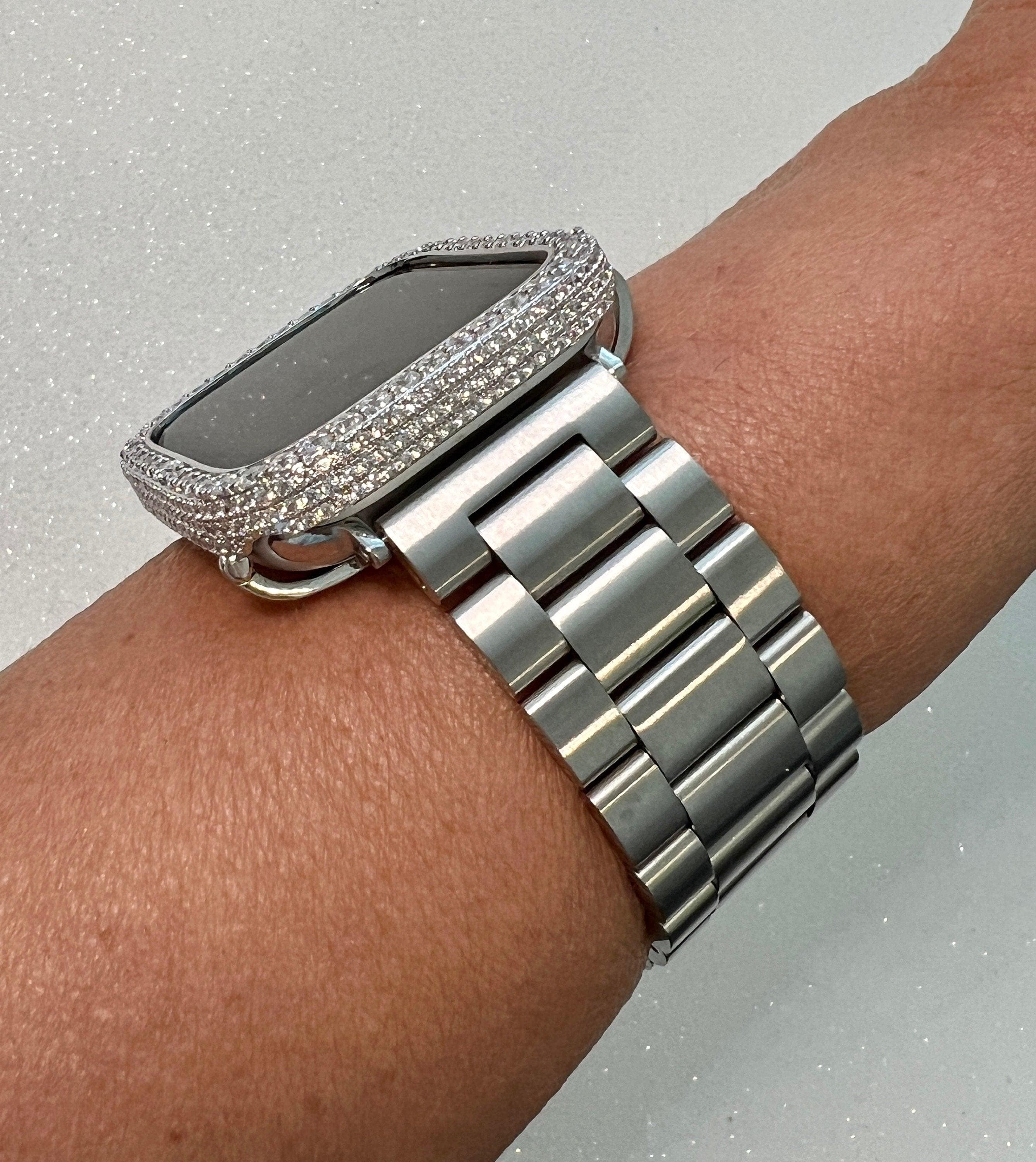 49mm Ultra Apple Watch Band Silver Stainless Steel & or Apple Watch Case 2.5mm Lab Diamond Bezel Cover 38mm-45mm Iwatch Candy Bling Series 9