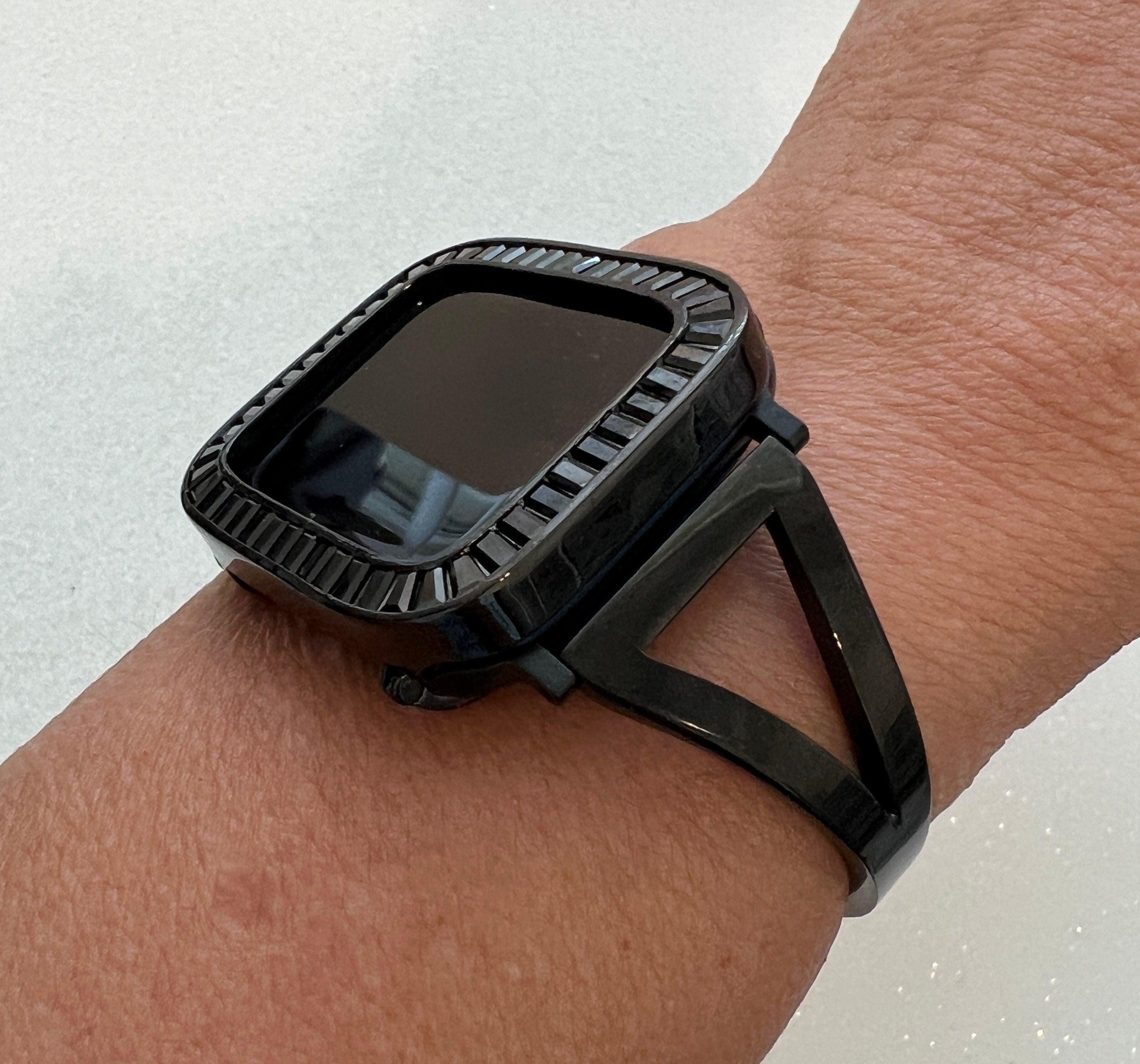 Sleek Black Apple Watch Band Bangle Bracelet Womens & or Custom Apple Watch Case Large Baguette Lab Diamonds Apple Watch Cover Iwatch Candy