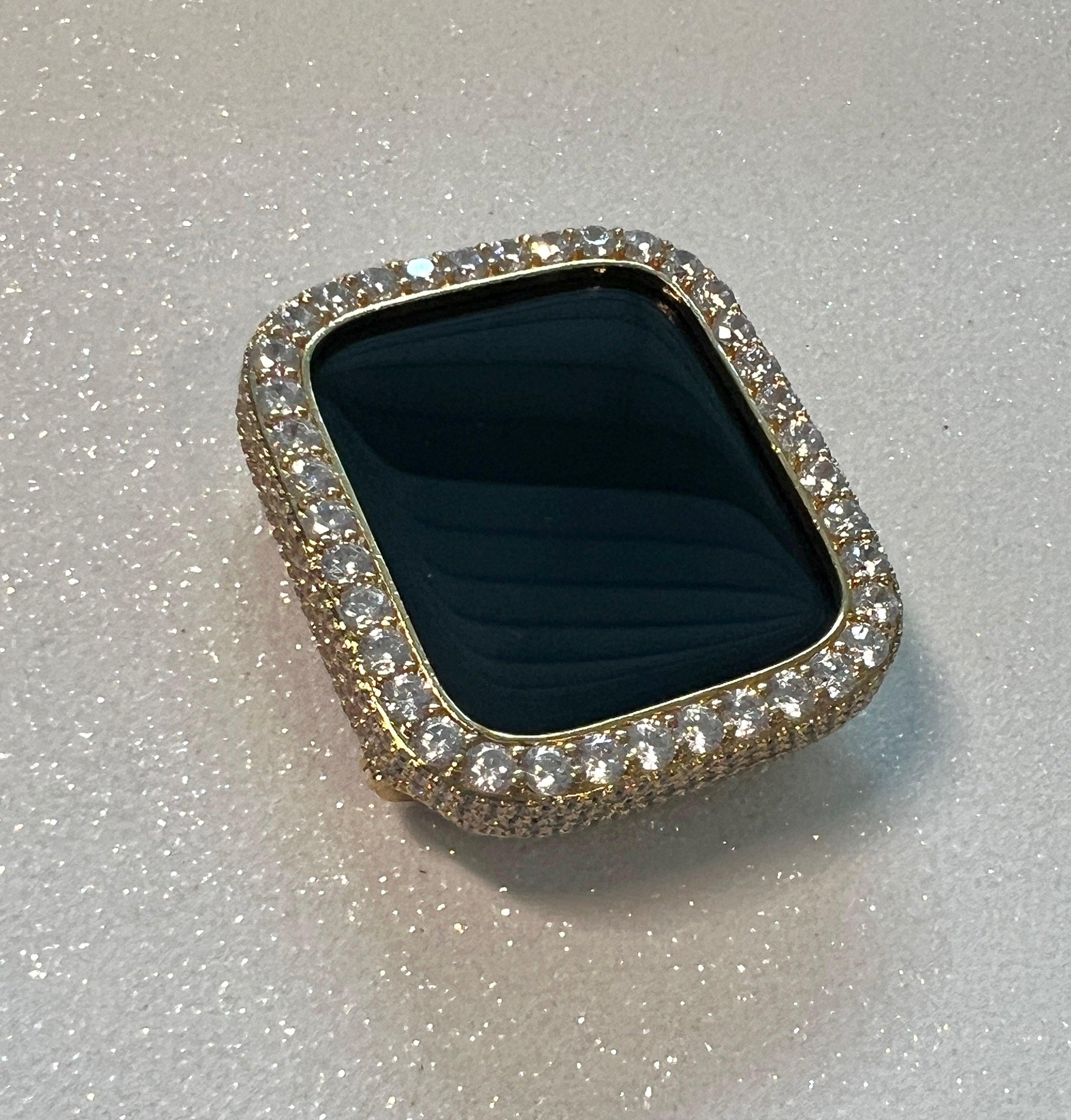 Gold Apple Watch Band Mens Women Stainless Steel Swarovski Crystal & or Apple Watch Cover Large 3.5mm Lab Diamond Iphone Watch Face