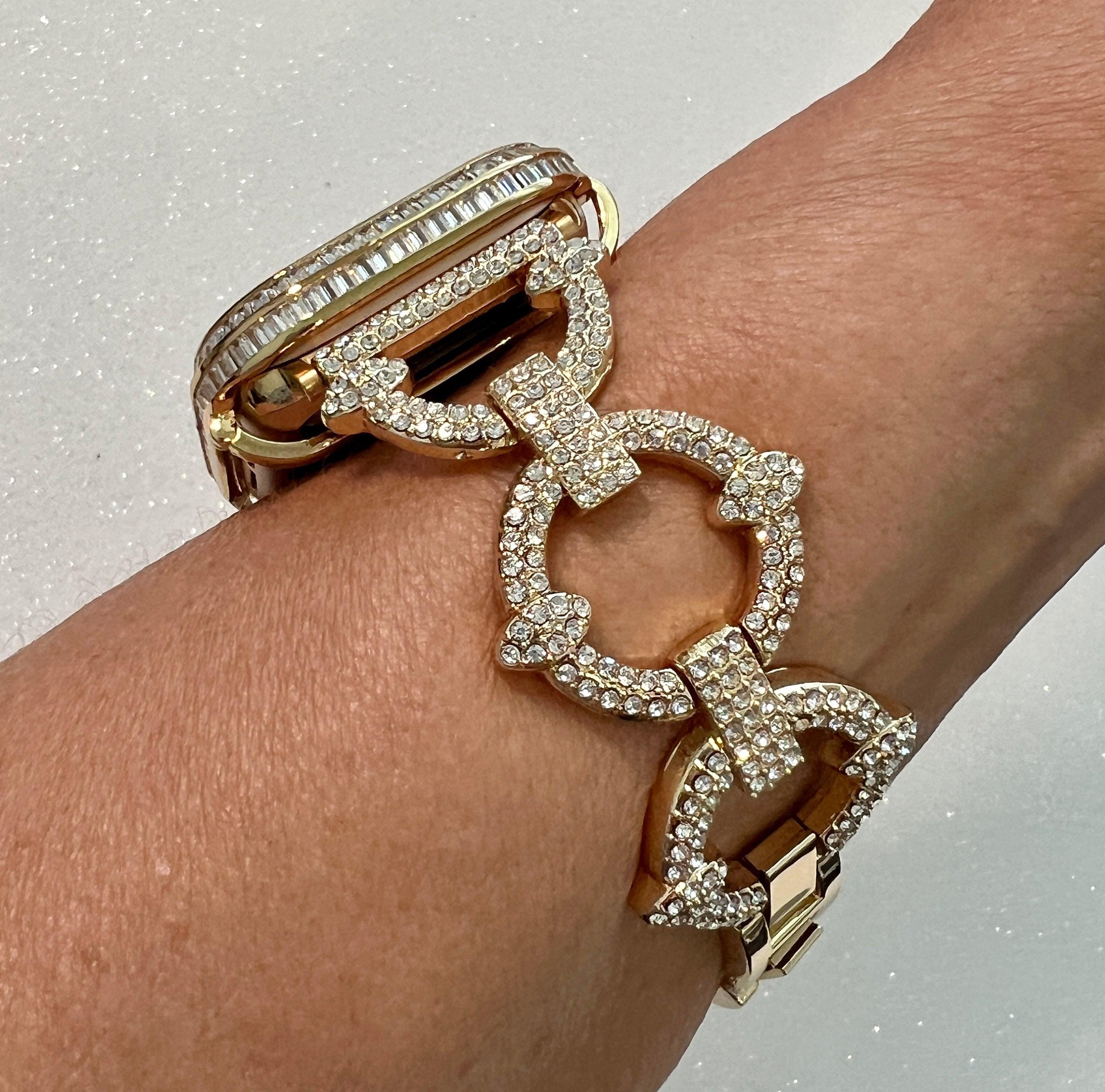 Designer Apple Watch Band Women Yellow Gold Swarovski Crystal & or Custom Apple Watch Cover Baguette Lab Diamonds Bezel Case Iwatch Candy