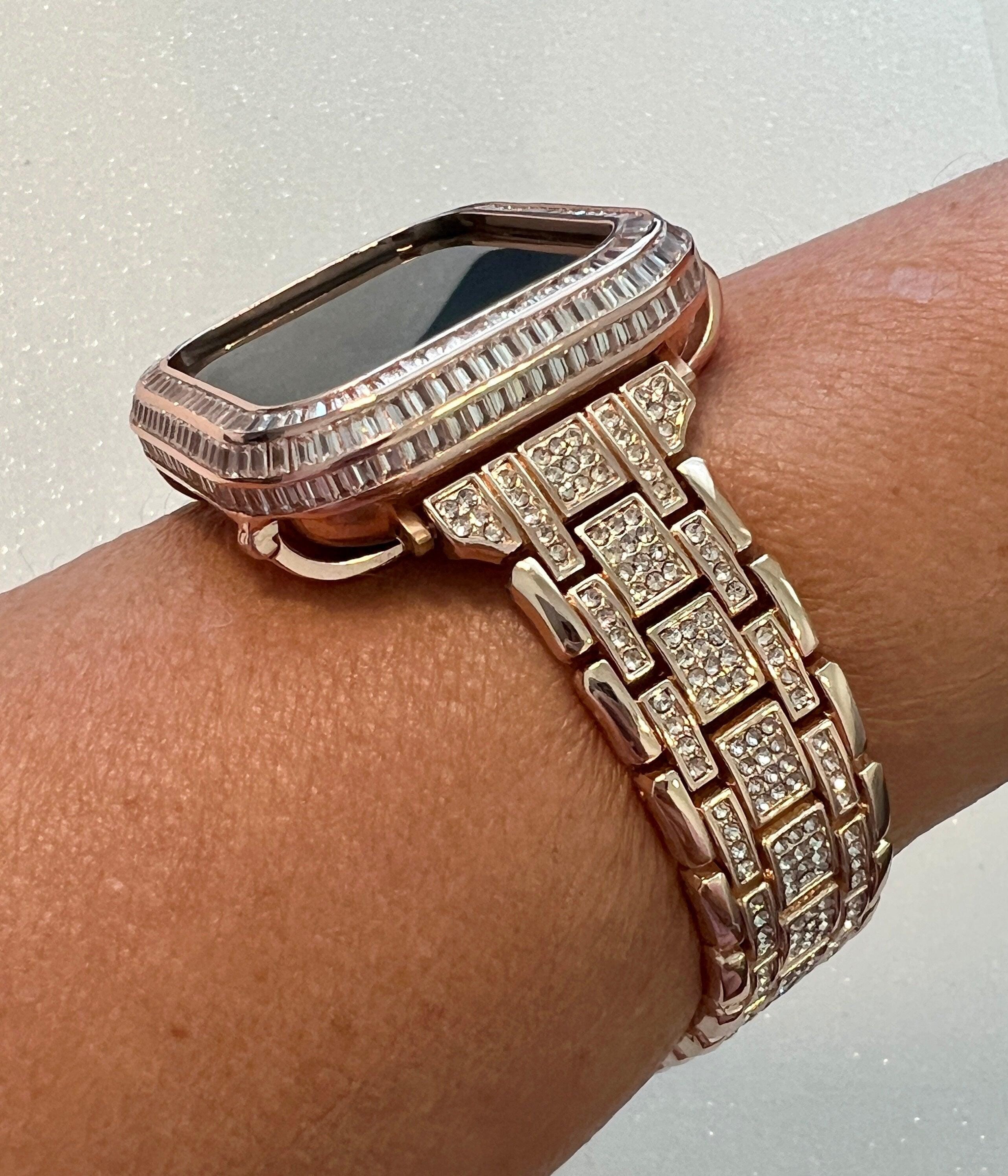 Luxury Apple Watch Band Womens Rose Gold Crystals & or Apple Watch Case Baguette Lab Diamonds Bumper Cover Iwatch Candy Bling