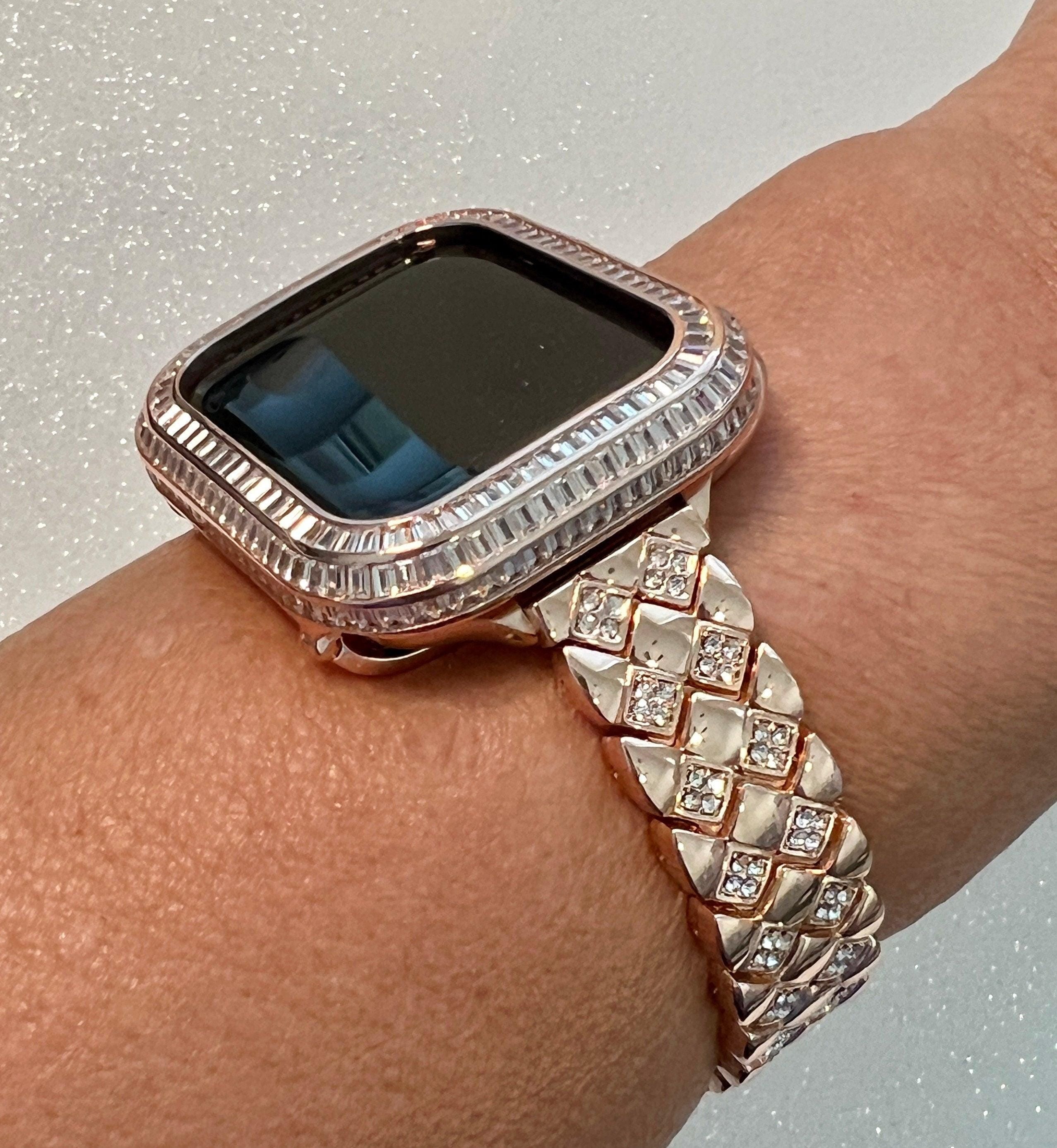 Luxury Rose Gold Apple Watch Band Womens Swarovski Crystal Bracelet & or Apple Watch Cover Lab Diamond Baguette Case Iwatch Candy Bling