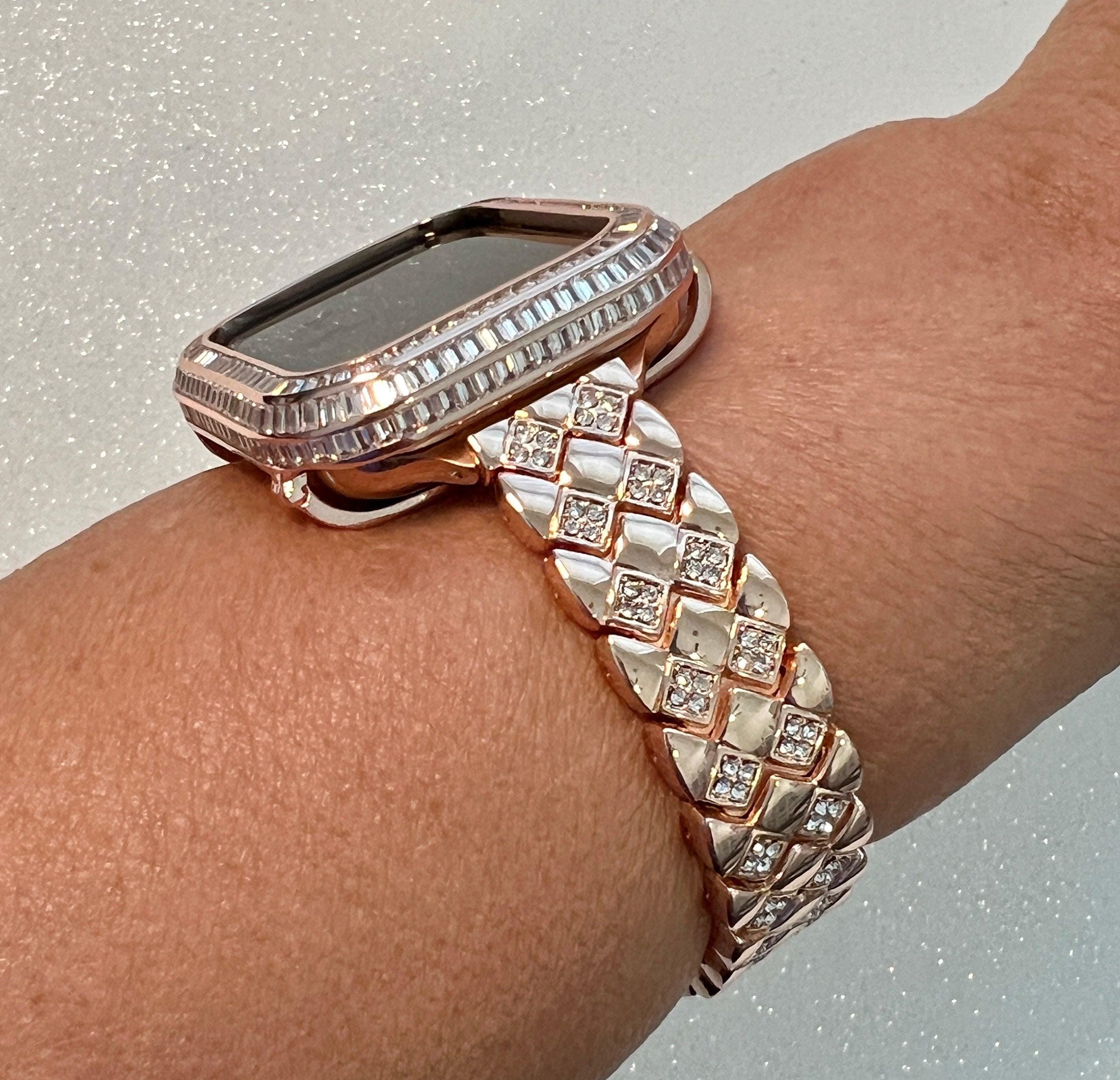 Luxury Rose Gold Apple Watch Band Womens Swarovski Crystal Bracelet & or Apple Watch Cover Lab Diamond Baguette Case Iwatch Candy Bling