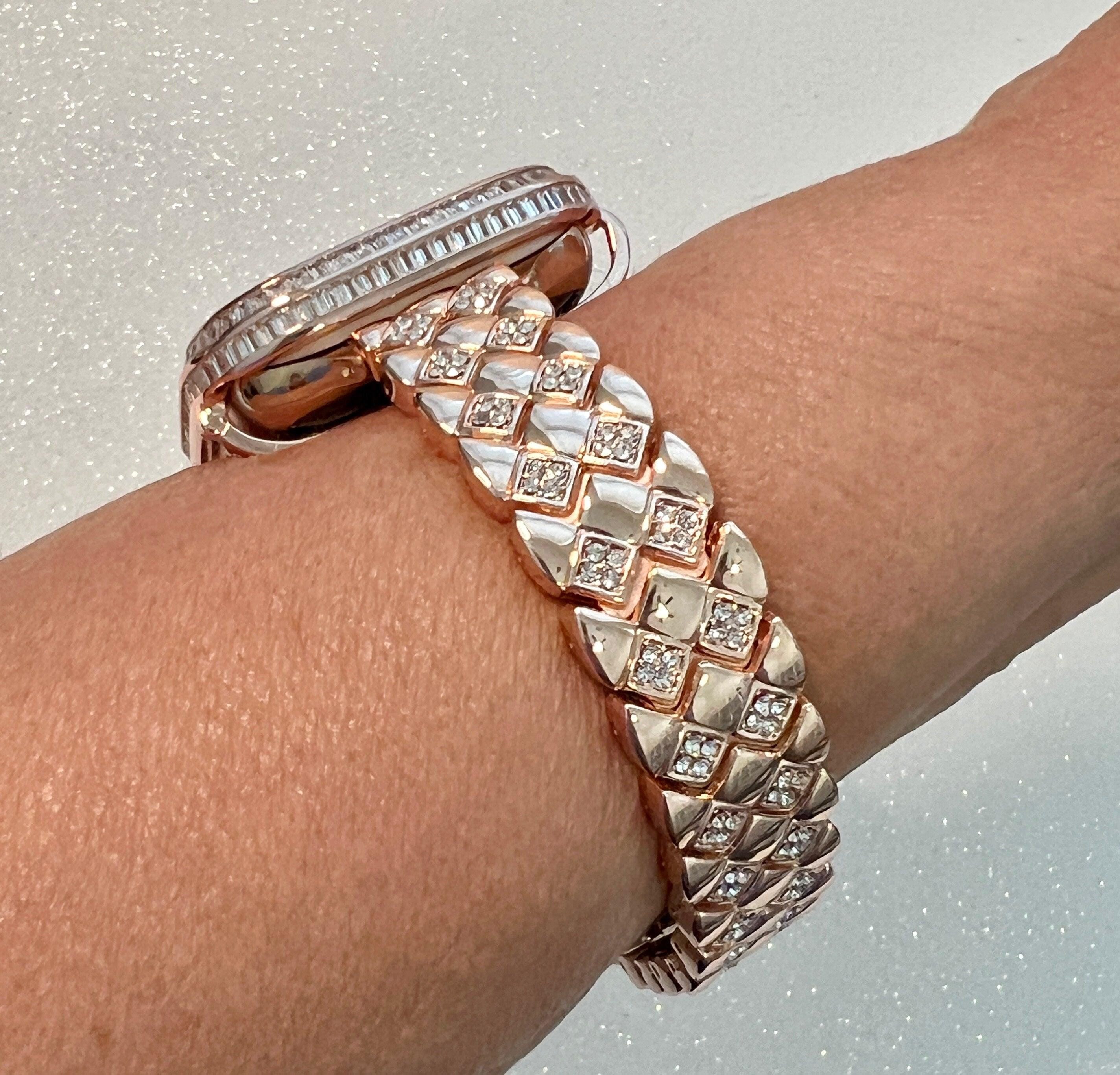 Luxury Rose Gold Apple Watch Band Womens Swarovski Crystal Bracelet & or Apple Watch Cover Lab Diamond Baguette Case Iwatch Candy Bling