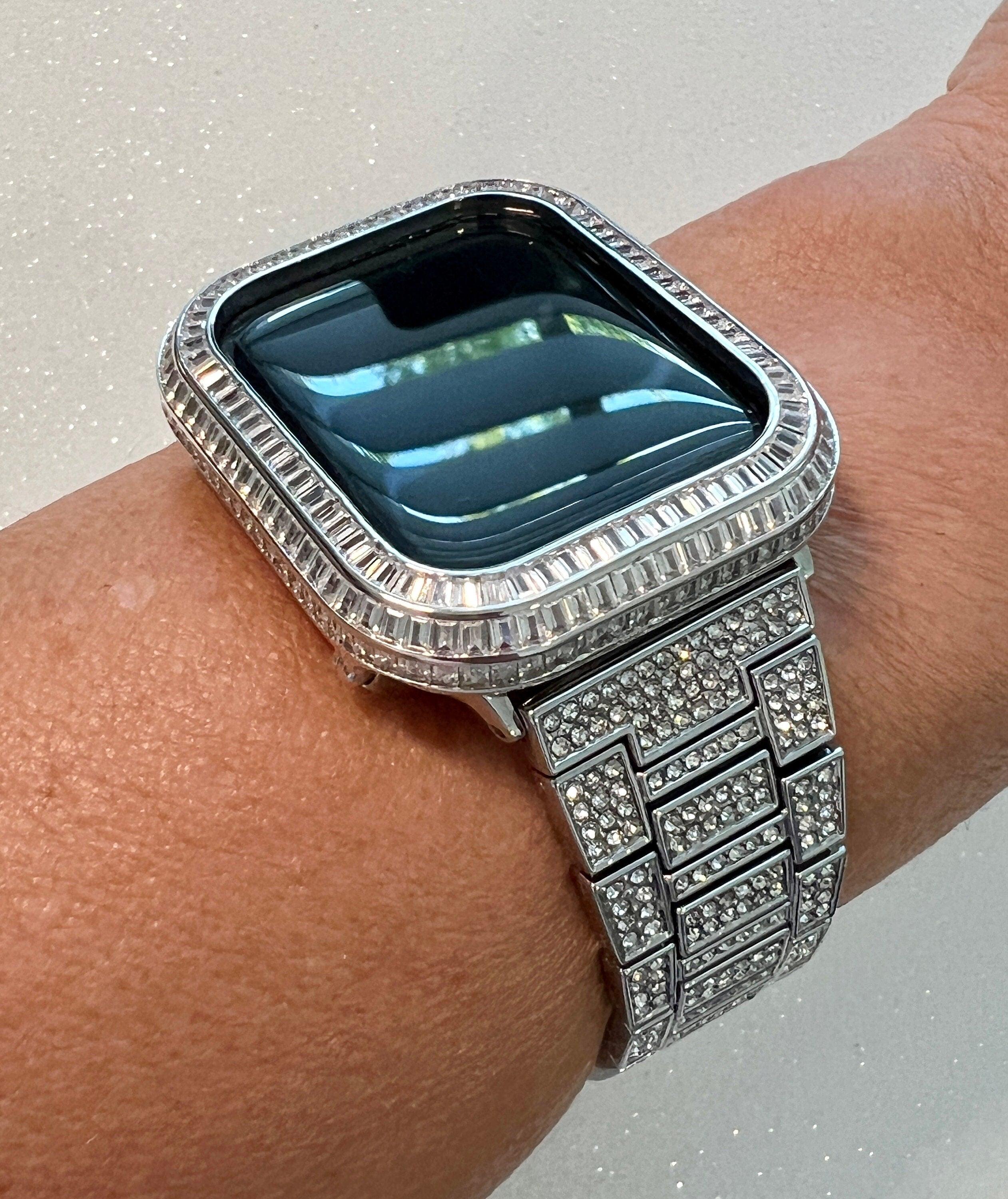 Luxury Apple Watch Band Silver Pave Swarovski Crystal & or Apple Watch Case Baguette Lab Diamond Bezel Cover Iwatch Candy Bling, Iphone case
