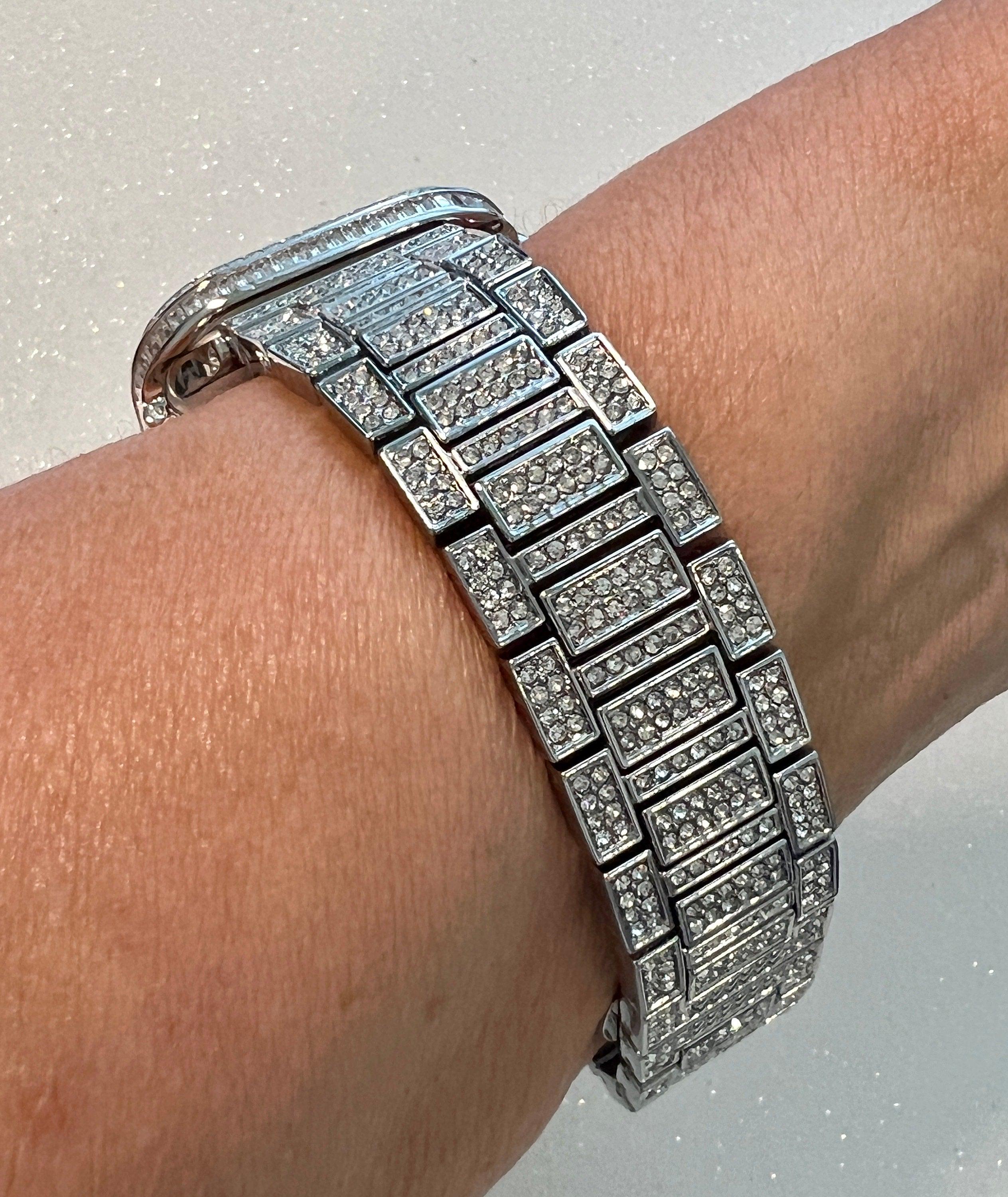 Luxury Apple Watch Band Silver Pave Swarovski Crystal & or Apple Watch Case Baguette Lab Diamond Bezel Cover Iwatch Candy Bling, Iphone case
