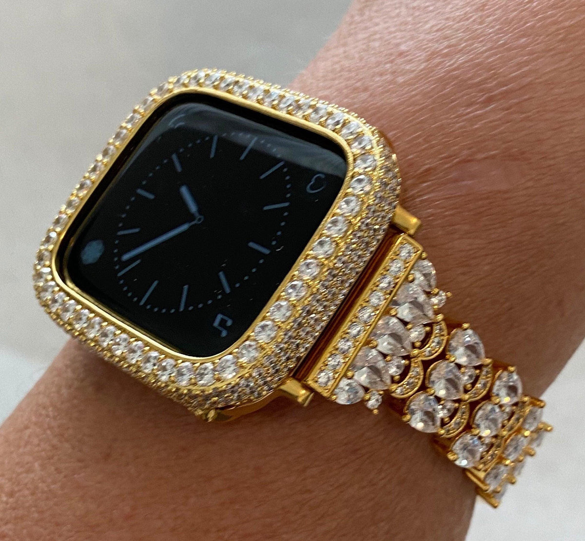 Luxury Apple Watch Band Womens Yellow Gold Swarovski Crystals & or Apple Watch Case for Iphone Watch Lab Diamond Cover 38-49mm Iwatch Candy