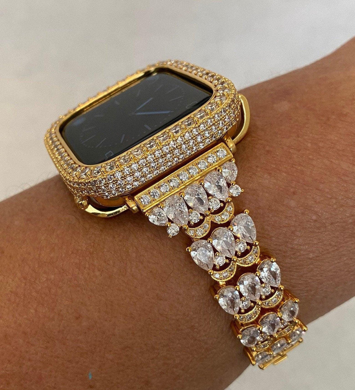 Luxury Apple Watch Band Womens Yellow Gold Swarovski Crystals & or Apple Watch Case for Iphone Watch Lab Diamond Cover 38-49mm Iwatch Candy