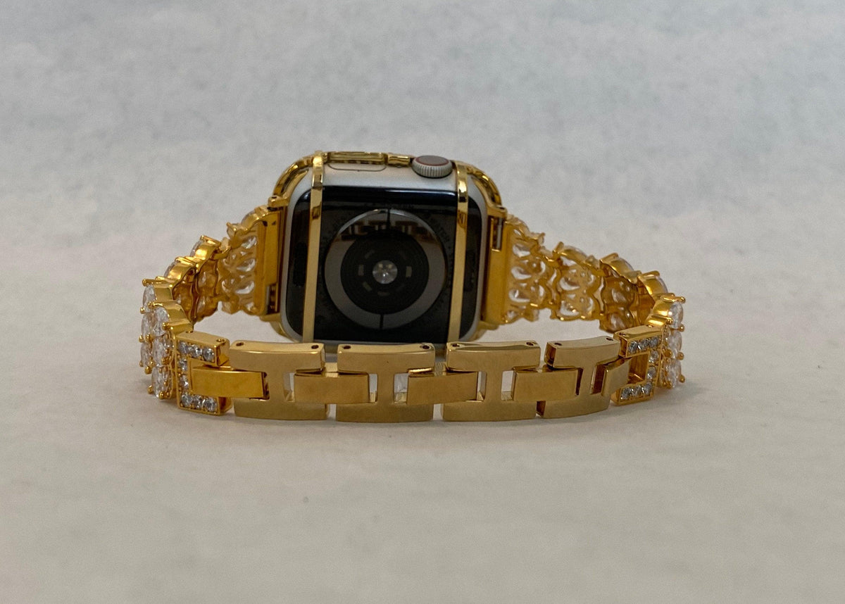 Luxury Apple Watch Band Womens Yellow Gold Swarovski Crystals & or Apple Watch Case for Iphone Watch Lab Diamond Cover 38-49mm Iwatch Candy