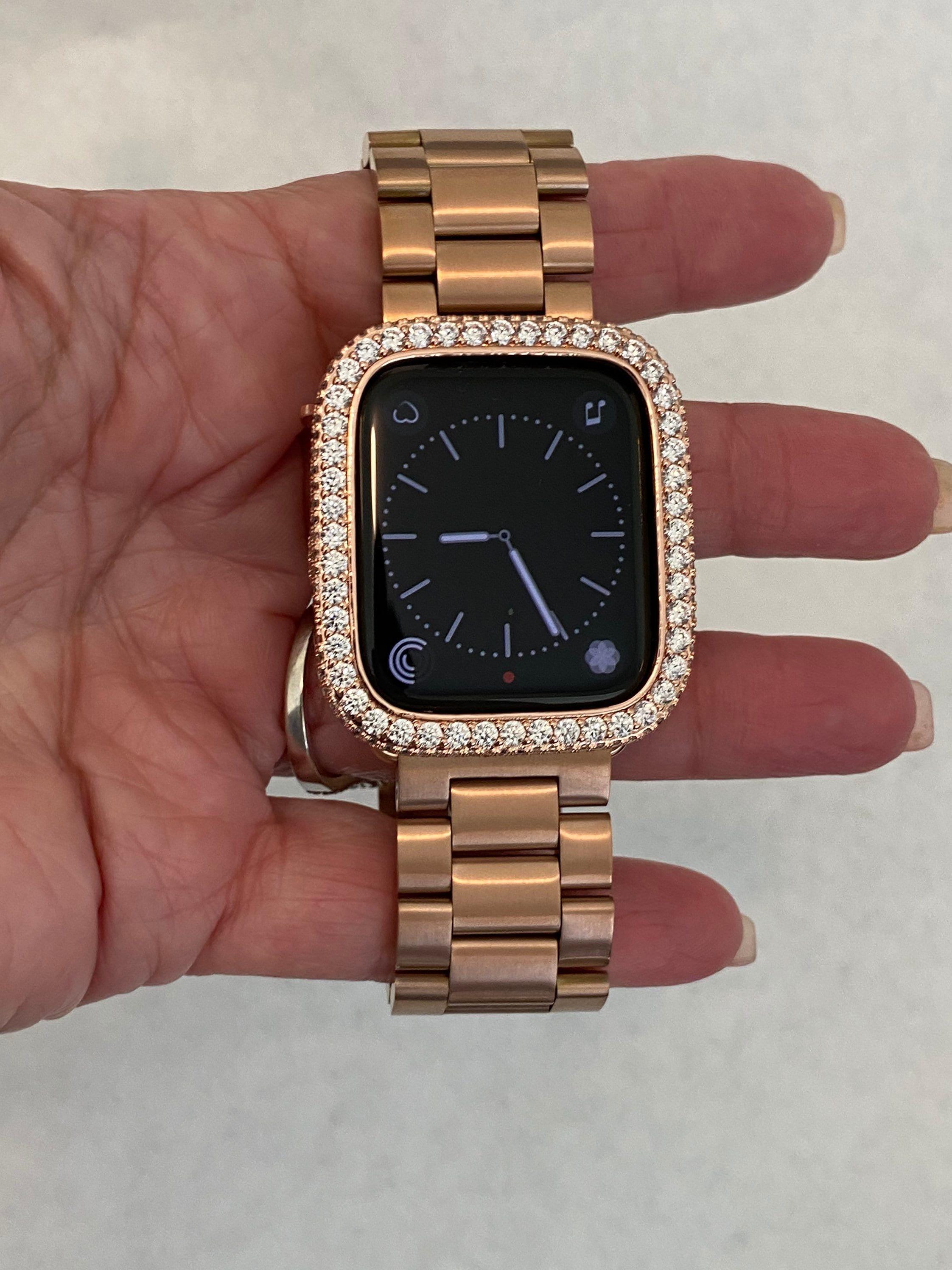 Rose Gold Apple Watch Band Stainless Steel & or Apple Watch Cover Lab Diamond Bezel Apple Watch Face Bumper Bling 38mm-49mm Series 2-9