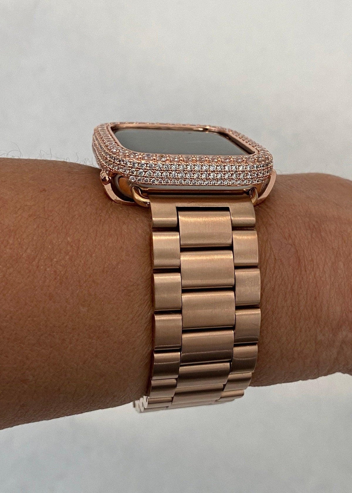 Rose Gold Apple Watch Band Stainless Steel & or Apple Watch Cover Lab Diamond Bezel Apple Watch Face Bumper Bling 38mm-49mm Series 2-9