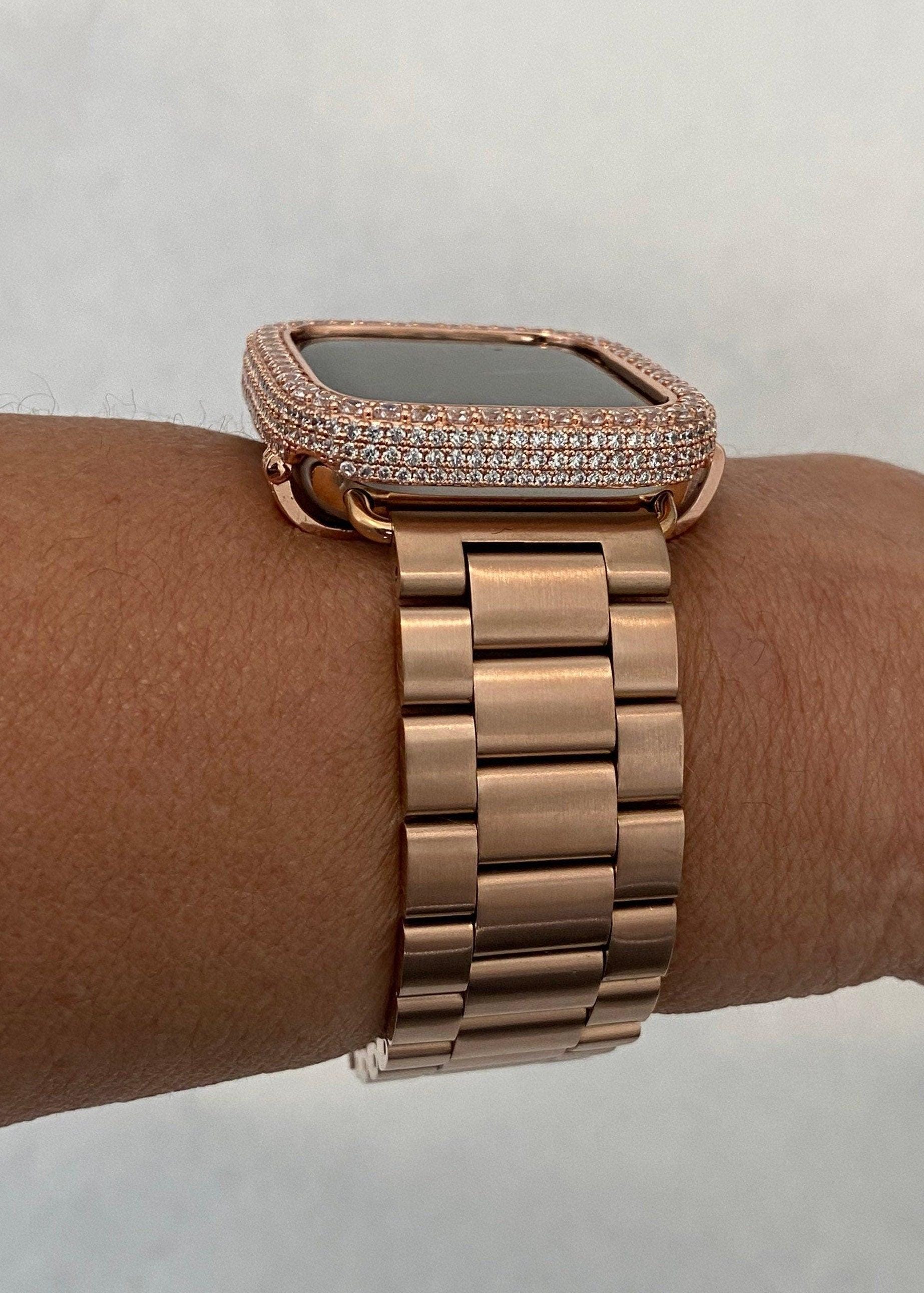 Rose Gold Apple Watch Band Stainless Steel & or Apple Watch Cover Lab Diamond Bezel Apple Watch Face Bumper Bling 38mm-49mm Series 2-9