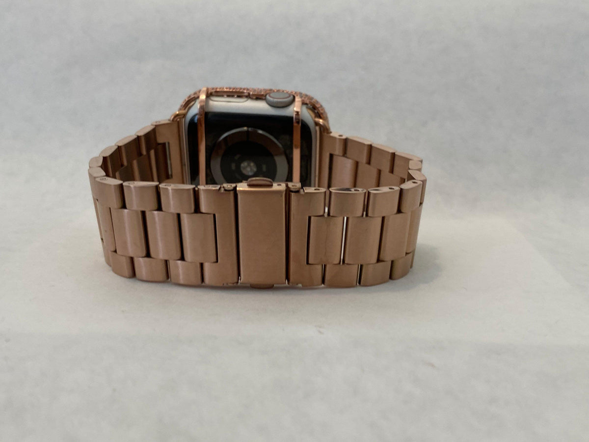 Rose Gold Apple Watch Band Stainless Steel & or Apple Watch Cover Lab Diamond Bezel Apple Watch Face Bumper Bling 38mm-49mm Series 2-9