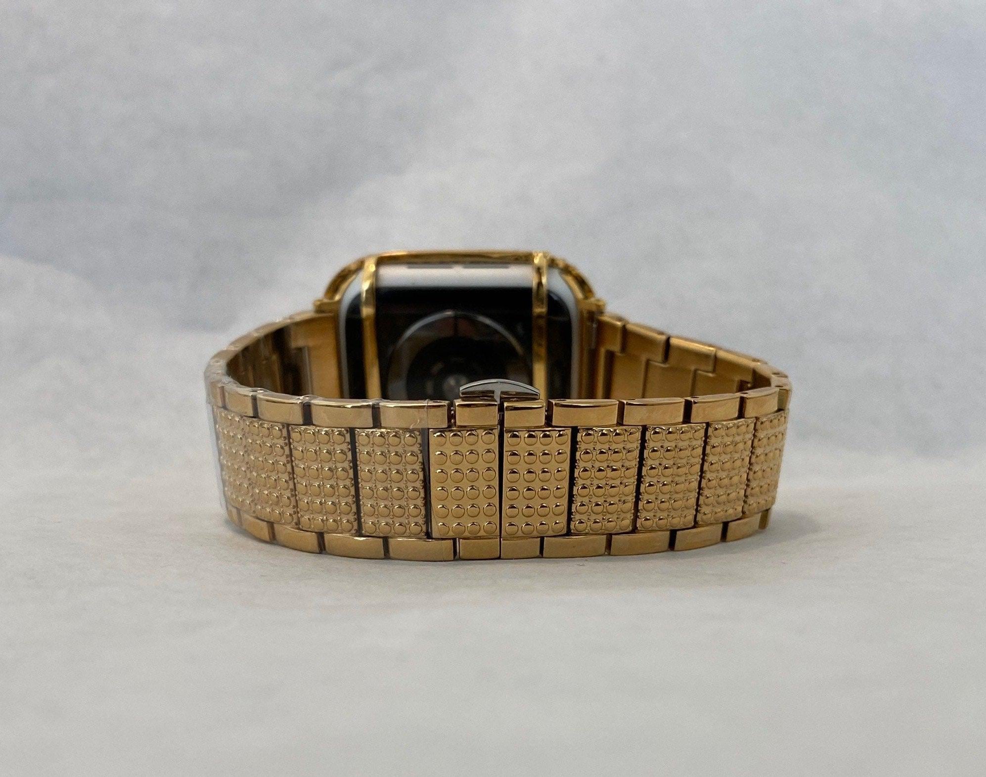 Yellow Gold Apple Watch Band Swarovski Crystals 41mm 45mm 49mm Ultra & or Lab Diamond Bezel Case Cover 38mm 40mm 42mm 44mm Iphone Watch