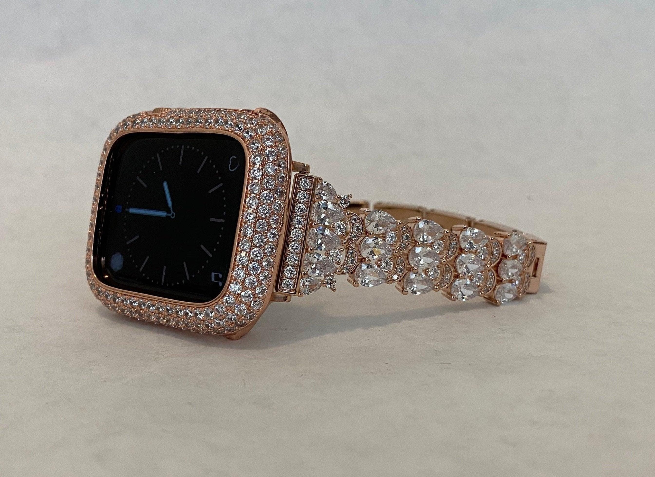 Apple Watch Band Women Rose Gold Swarovski Crystal Bracelet & or Apple Watch Cover Lab Diamond Bezel Iphone Watch Cover 38-49mm Gift for her