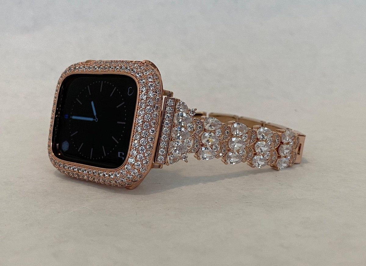 Apple Watch Band Women Rose Gold Swarovski Crystal Bracelet & or Apple Watch Cover Lab Diamond Bezel Iphone Watch Cover 38-49mm Gift for her