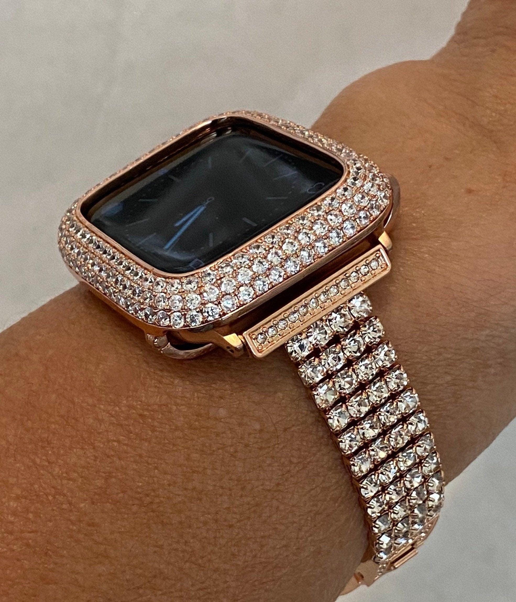 Rose Gold Apple Watch Band Womens Swarovski Crystal Iphone Watch Bracelet & or Apple Watch Case Lab Diamond Bezel Cover 38mm-49mm Ultra