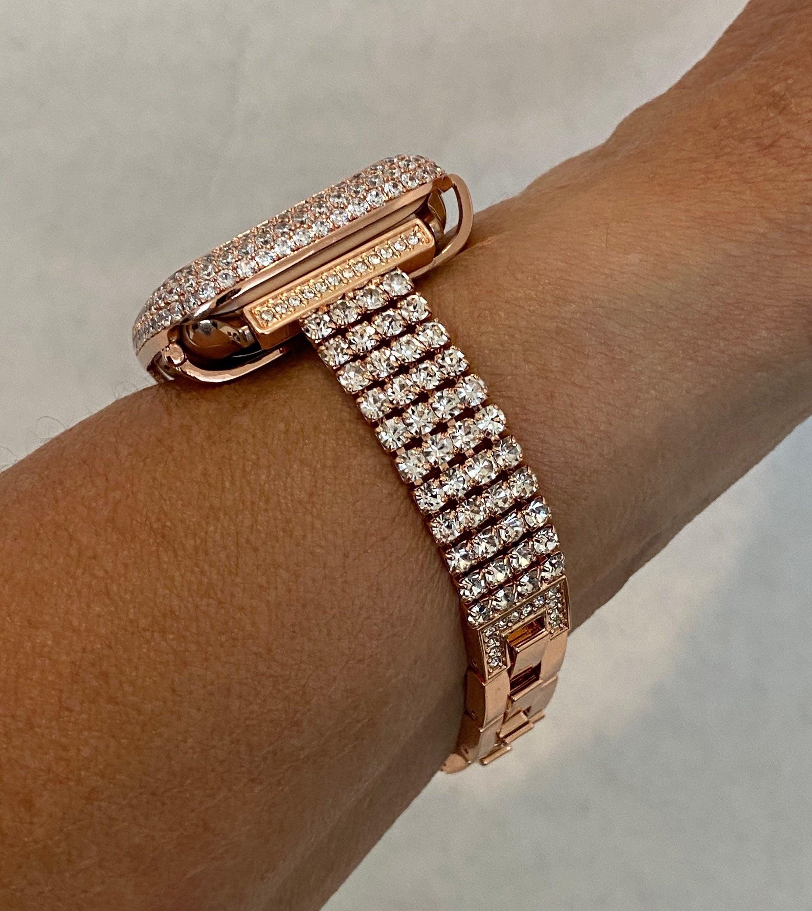 Rose Gold Apple Watch Band Womens Swarovski Crystal Iphone Watch Bracelet & or Apple Watch Case Lab Diamond Bezel Cover 38mm-49mm Ultra