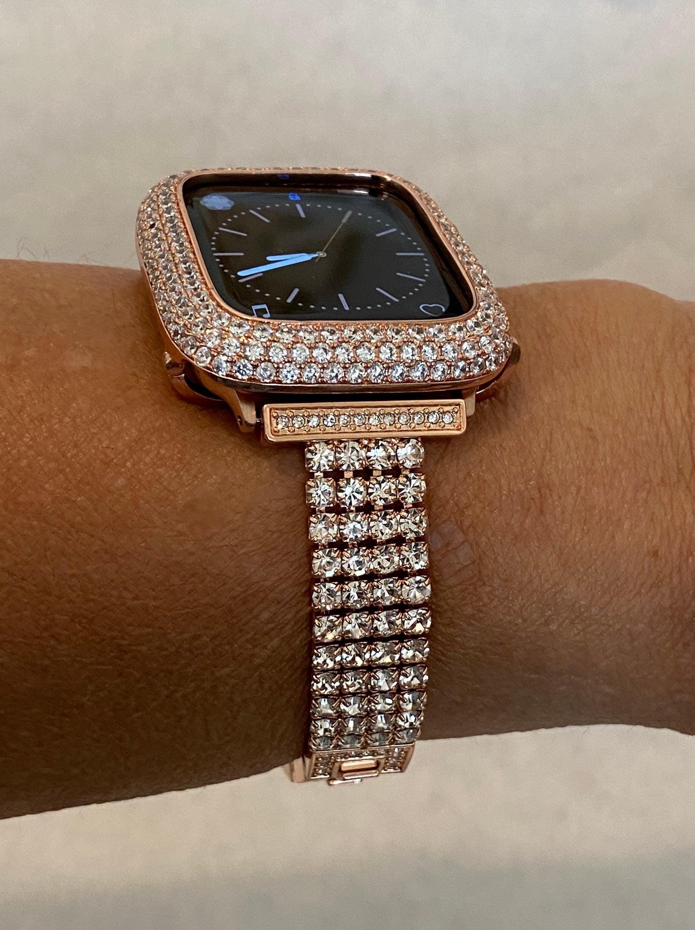 Rose Gold Apple Watch Band Womens Swarovski Crystal Iphone Watch Bracelet & or Apple Watch Case Lab Diamond Bezel Cover 38mm-49mm Ultra