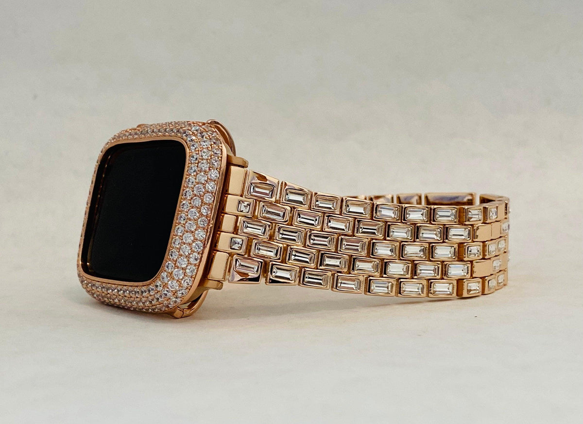 Rose Gold Apple Watch Band Swarovski Crystal Baguettes 41mm 45mm 49mm Ultra & or Apple Watch Cover Lab Diamond Bezel Case Iwatch Candy Bling