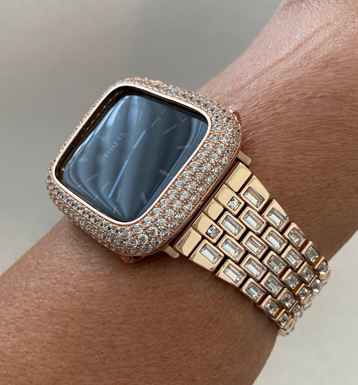 Rose Gold Apple Watch Band Swarovski Crystal Baguettes 41mm 45mm 49mm Ultra & or Apple Watch Cover Lab Diamond Bezel Case Iwatch Candy Bling