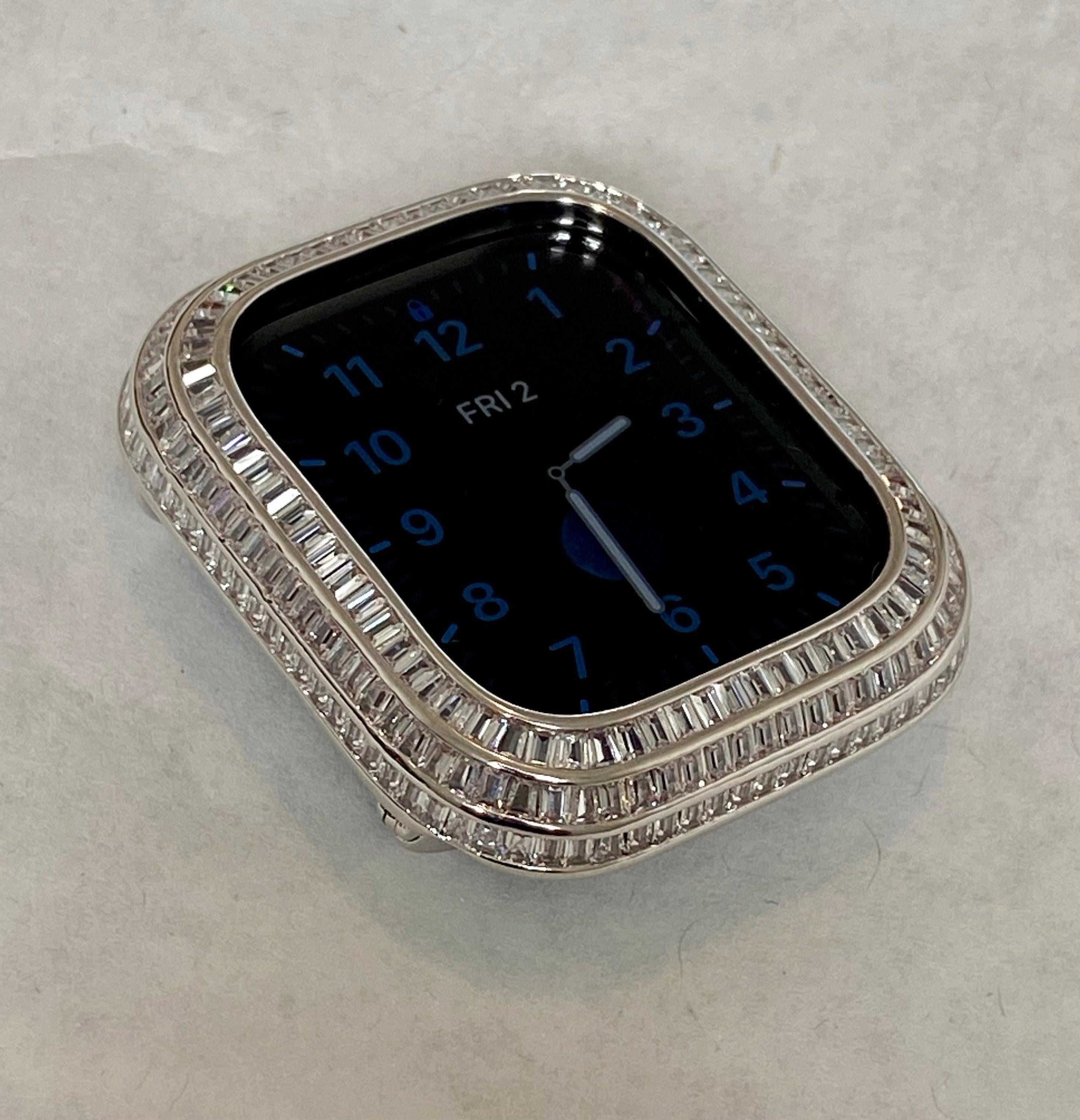 Silver Apple Watch Band Silver 40mm 41mm 44mm 45mm & or White Gold Lab Diamond Baguette Bezel Cover Smartwatch Bumper Bling Series 4-9 SE