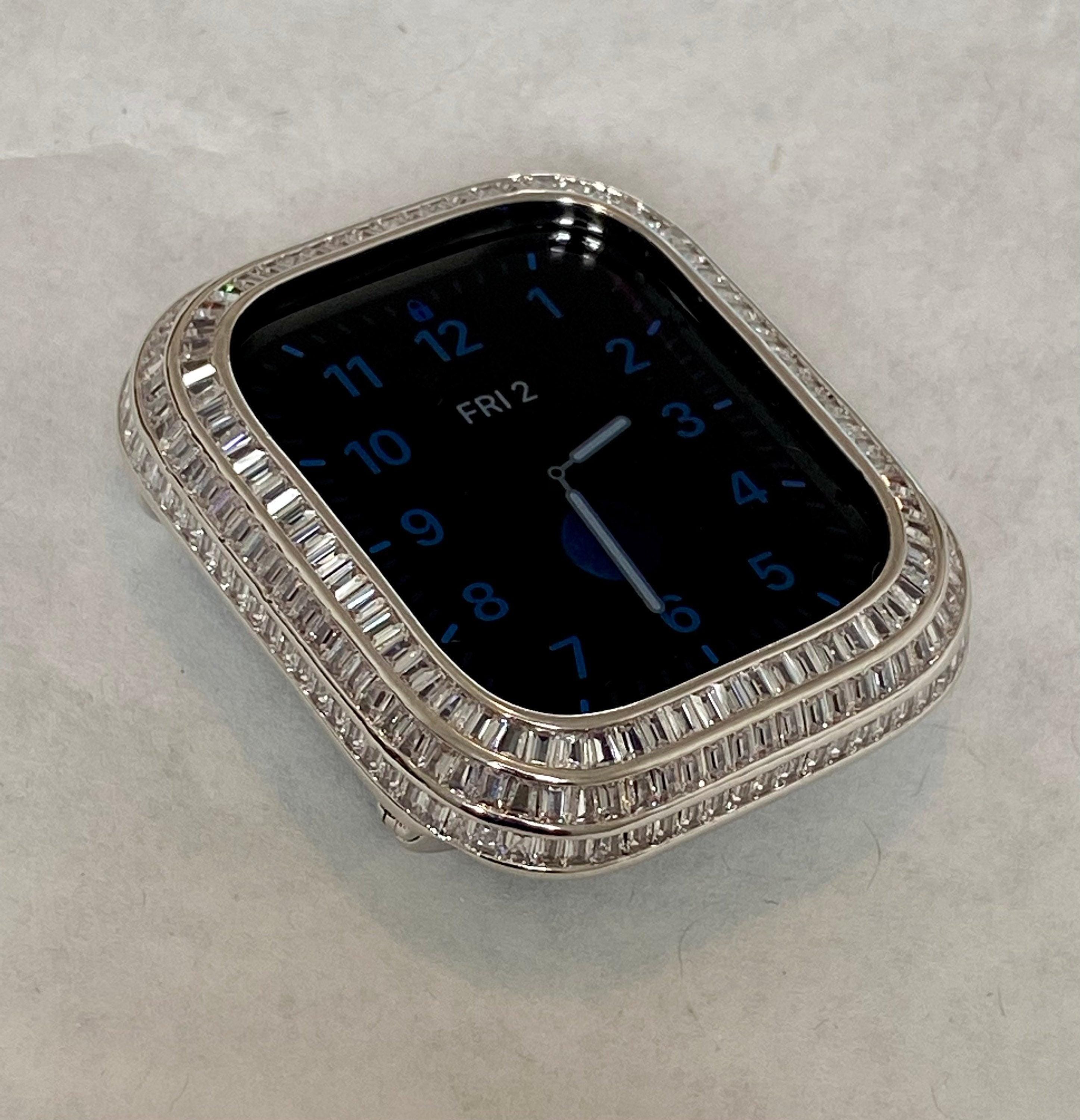 Silver Apple Watch Band Silver 40mm 41mm 44mm 45mm & or White Gold Lab Diamond Baguette Bezel Cover Smartwatch Bumper Bling Series 4-9 SE