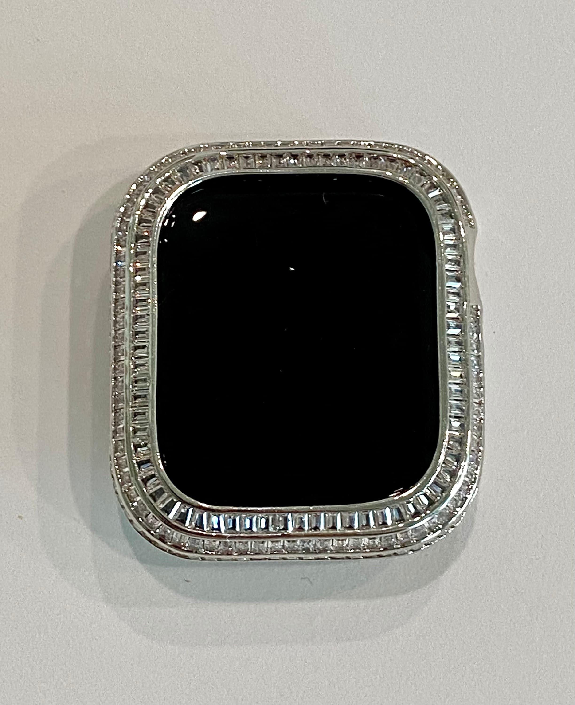 Silver Apple Watch Band Silver 40mm 41mm 44mm 45mm & or White Gold Lab Diamond Baguette Bezel Cover Smartwatch Bumper Bling Series 4-9 SE