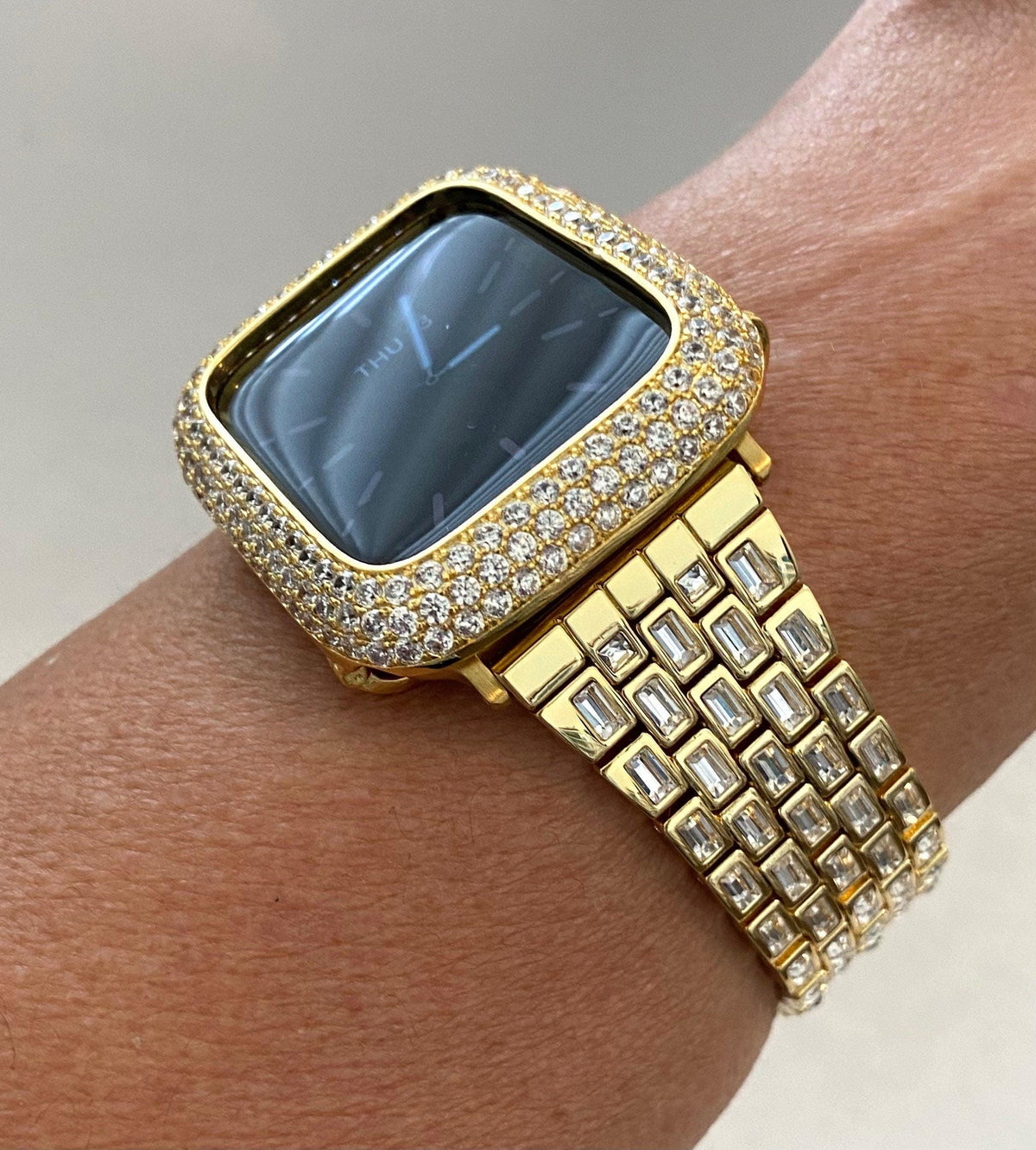 Yellow Gold Apple Watch Band Womens Baguette Swarovski Crystals & or Apple Watch Case Pave Lab Diamonds Apple Watch Cover Iwatch Candy Bling