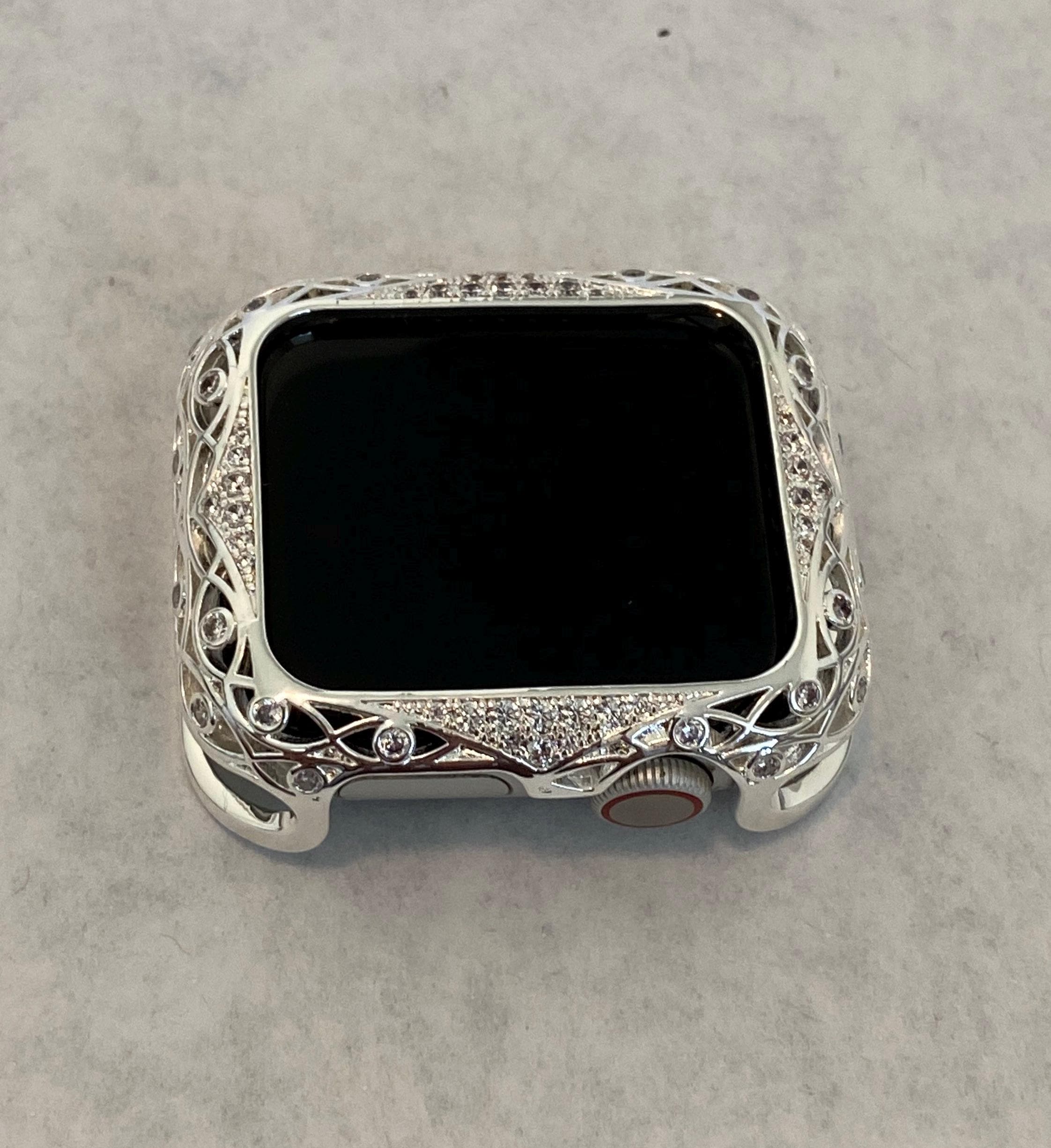 Series 2-10 Apple Watch Cover Silver Lace Design Metal Protective Bumper Apple Watch Case Swarovski Crystal 38mm-46mm Custom Iwatch Candy