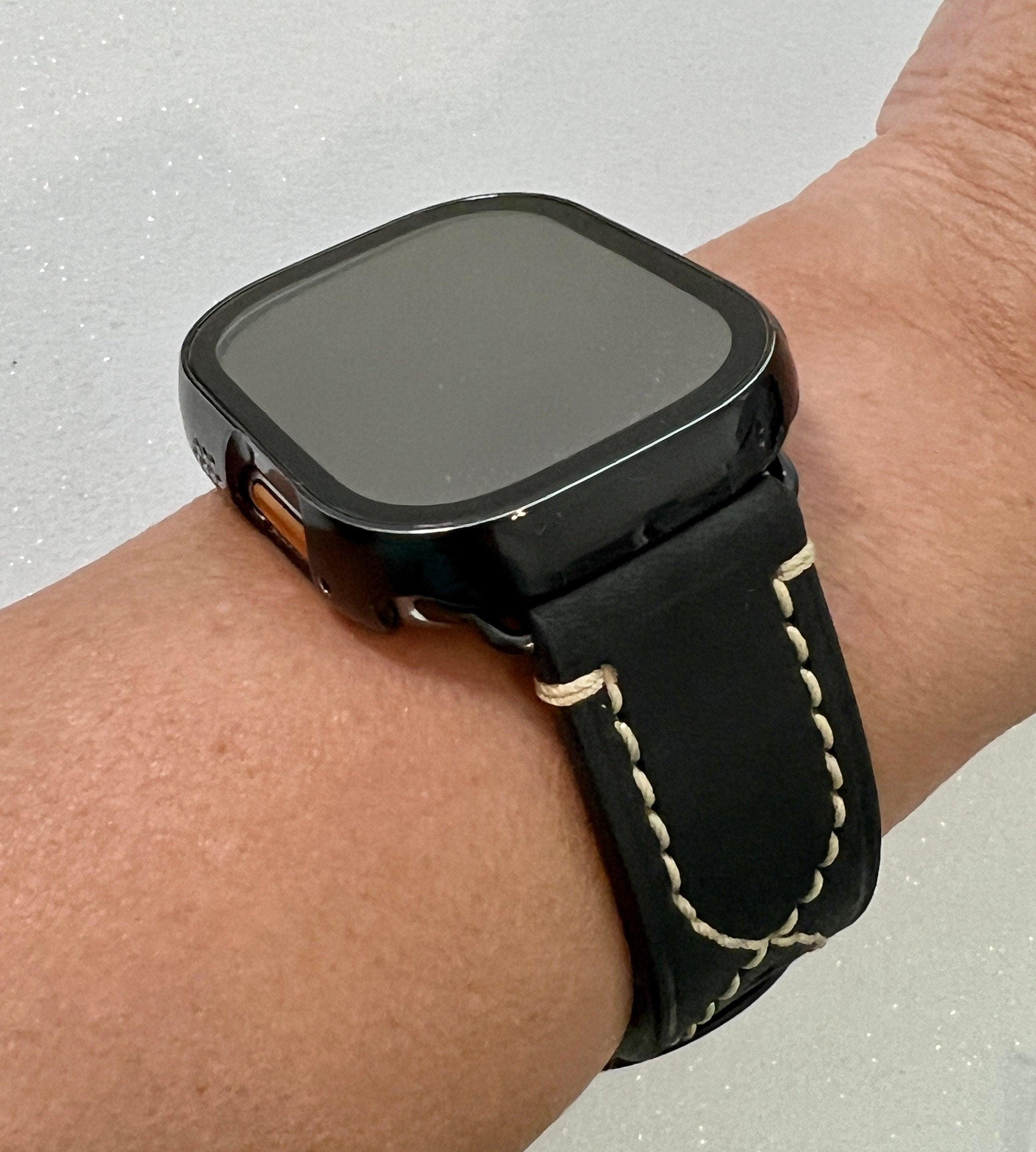 Bold Black Hand Stitched Leather Apple Watch Band 49mm Ultra and Apple Watch Cover Tempered Glass Screen Protector Poly Carbonate Case Set