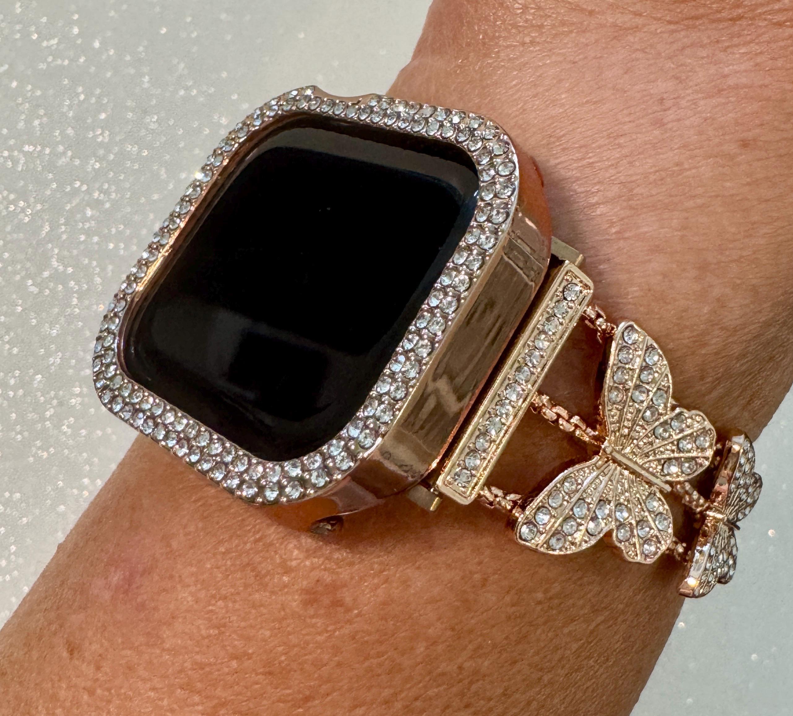 Butterfly Apple Watch Band Series 10 Woman Rose Gold Swarovski Crystals & or Apple Watch Case Protective Iphone Watch Cover 38mm-49mm