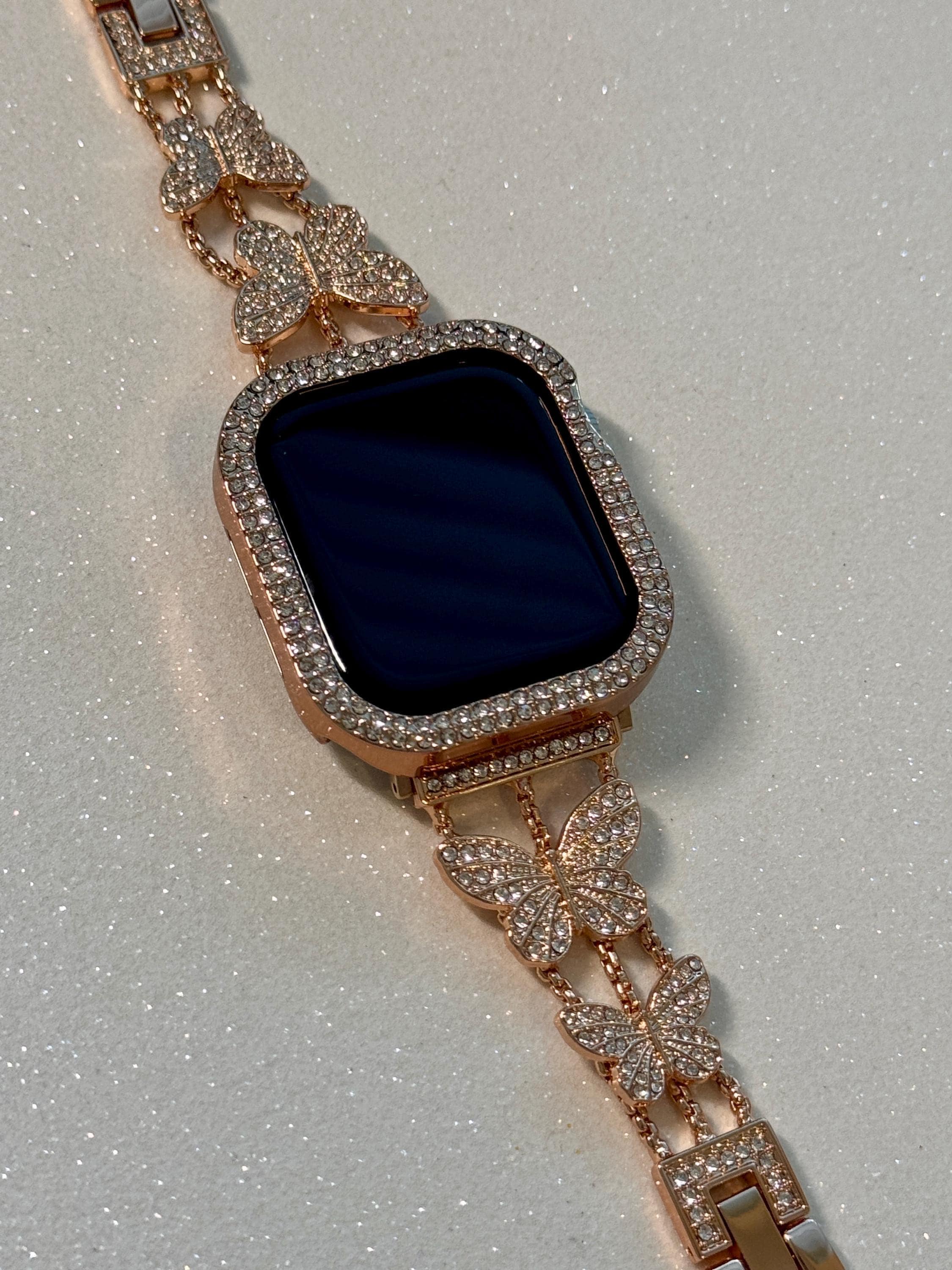 Butterfly Apple Watch Band Series 10 Woman Rose Gold Swarovski Crystals & or Apple Watch Case Protective Iphone Watch Cover 38mm-49mm
