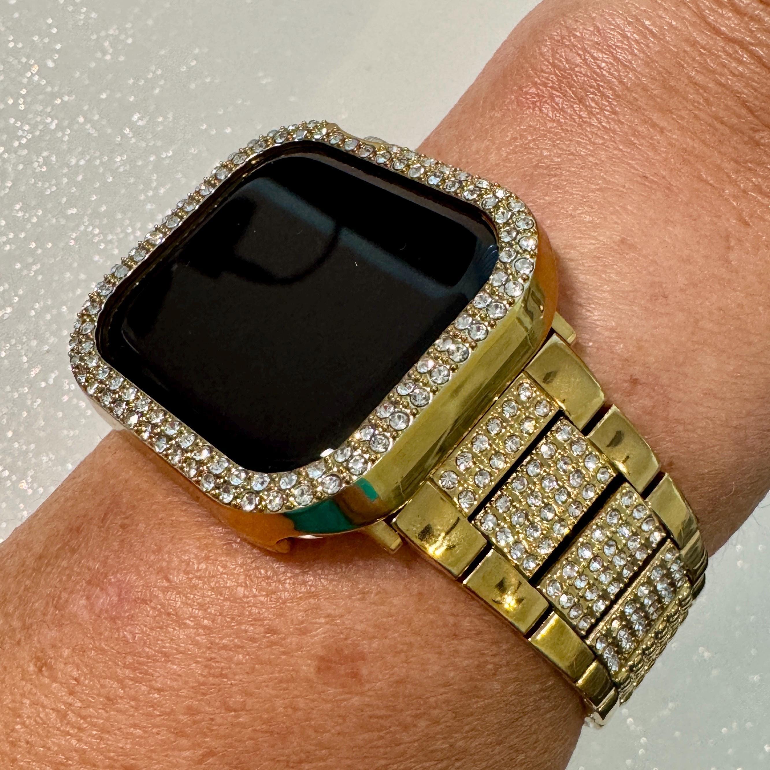 Apple Watch Band 42mm 46mm Series 10 Gold Stainless Steel & or Apple Watch Cover Swarovski Crystal Protective Iphone Watch Case Iwatch Candy