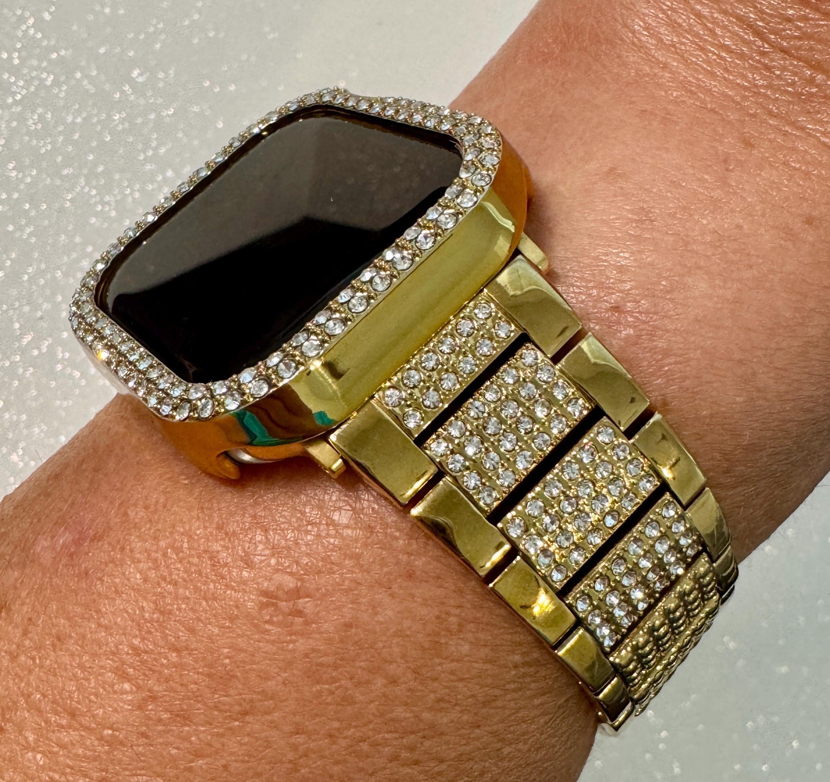Apple Watch Band 42mm 46mm Series 10 Gold Stainless Steel & or Apple Watch Cover Swarovski Crystal Protective Iphone Watch Case Iwatch Candy