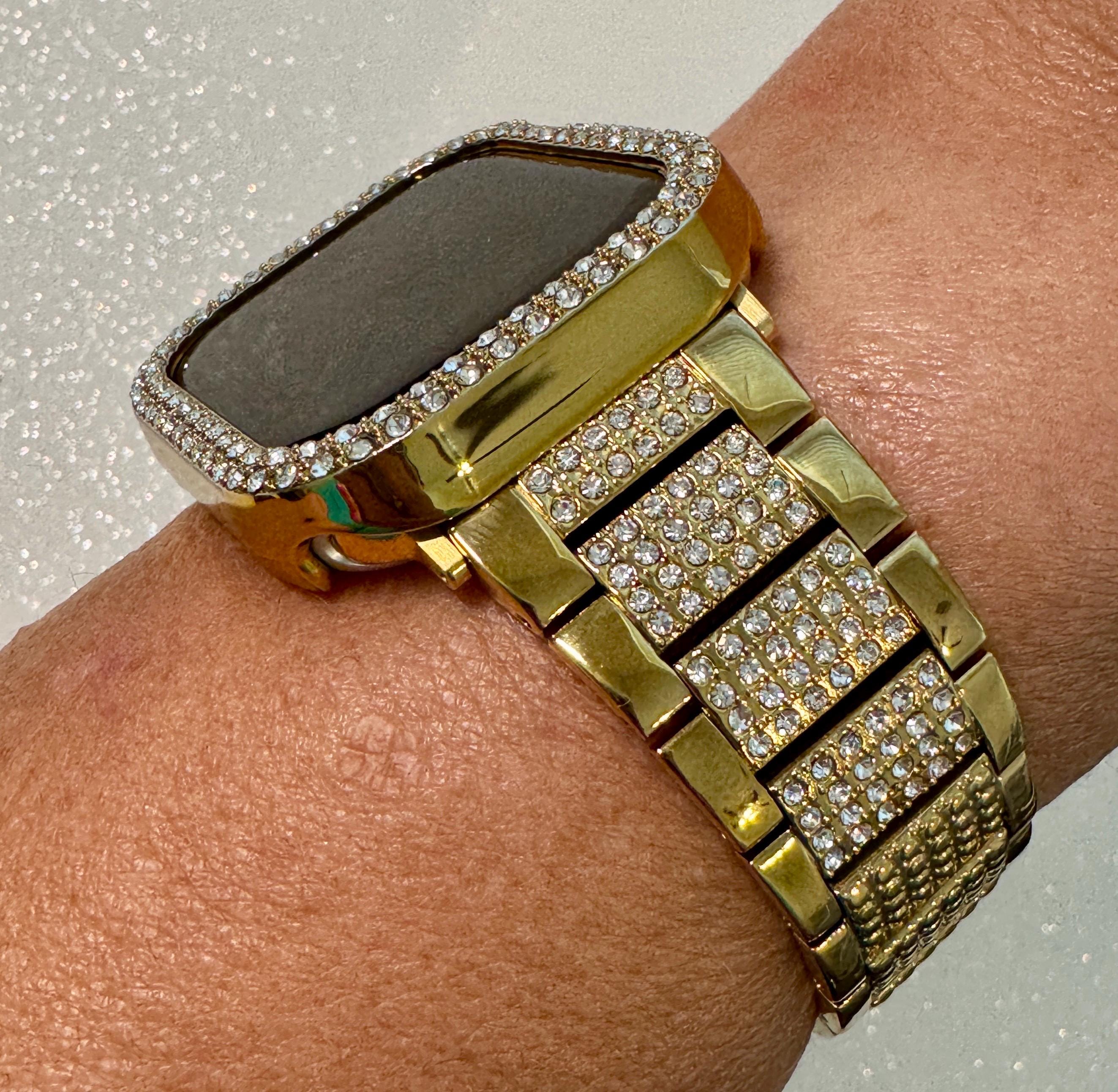 Apple Watch Band 42mm 46mm Series 10 Gold Stainless Steel & or Apple Watch Cover Swarovski Crystal Protective Iphone Watch Case Iwatch Candy