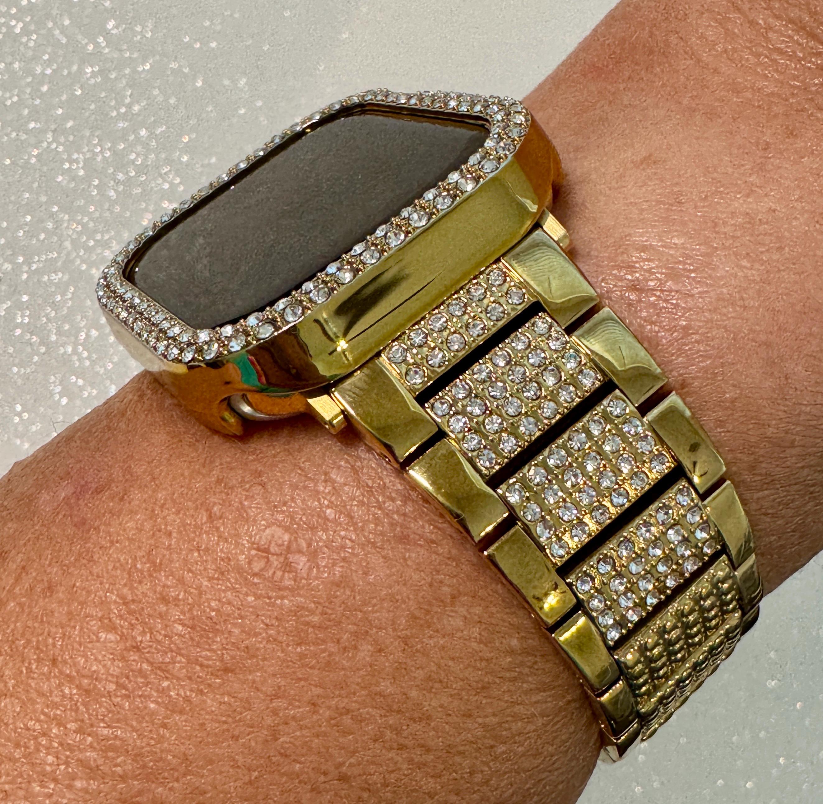 Apple Watch Band 42mm 46mm Series 10 Gold Stainless Steel & or Apple Watch Cover Swarovski Crystal Protective Iphone Watch Case Iwatch Candy