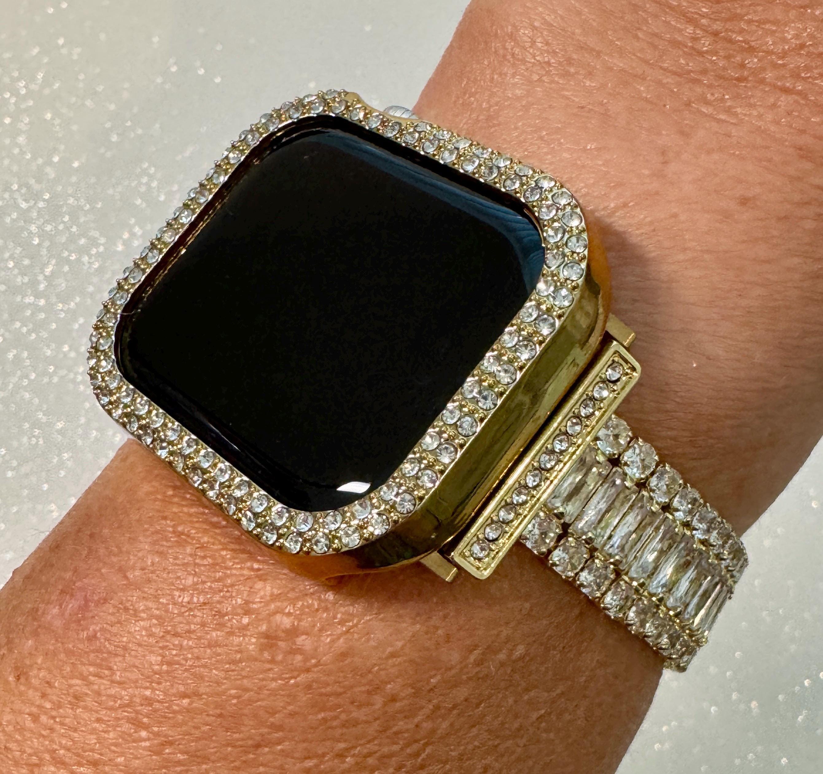 42mm 46mm Apple Watch Band Series 10 Womens Swarovski Crystals & Gold Apple Watch Case 38mm-49mm 38mm-49mm Protective Iwatch Cover Bling