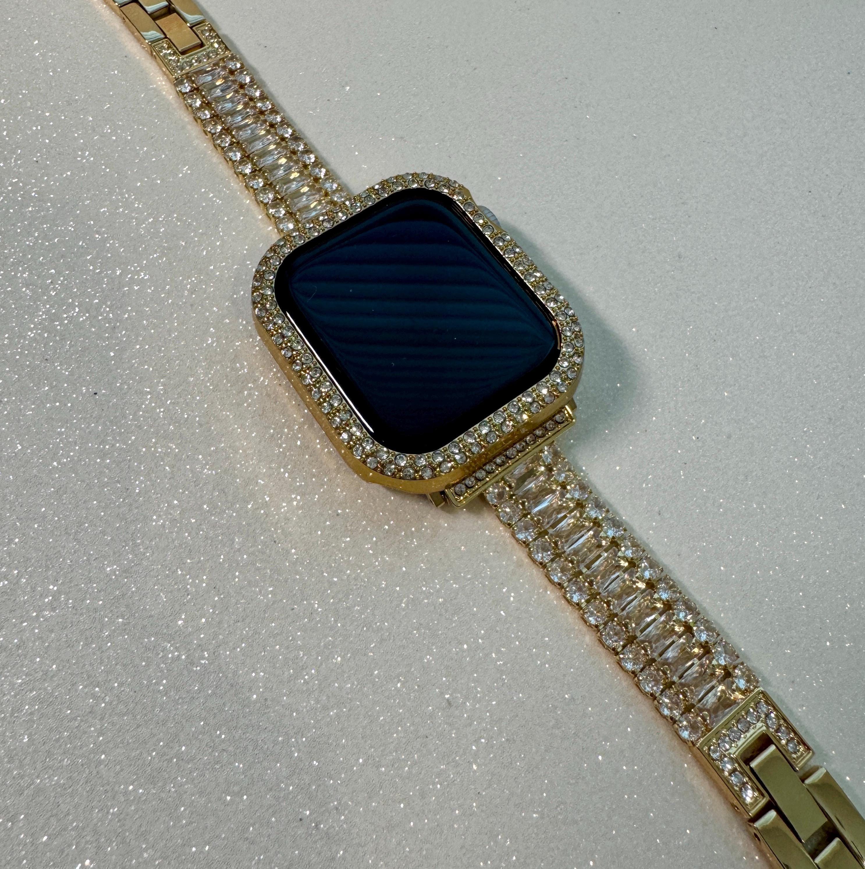 42mm 46mm Apple Watch Band Series 10 Womens Swarovski Crystals & Gold Apple Watch Case 38mm-49mm 38mm-49mm Protective Iwatch Cover Bling