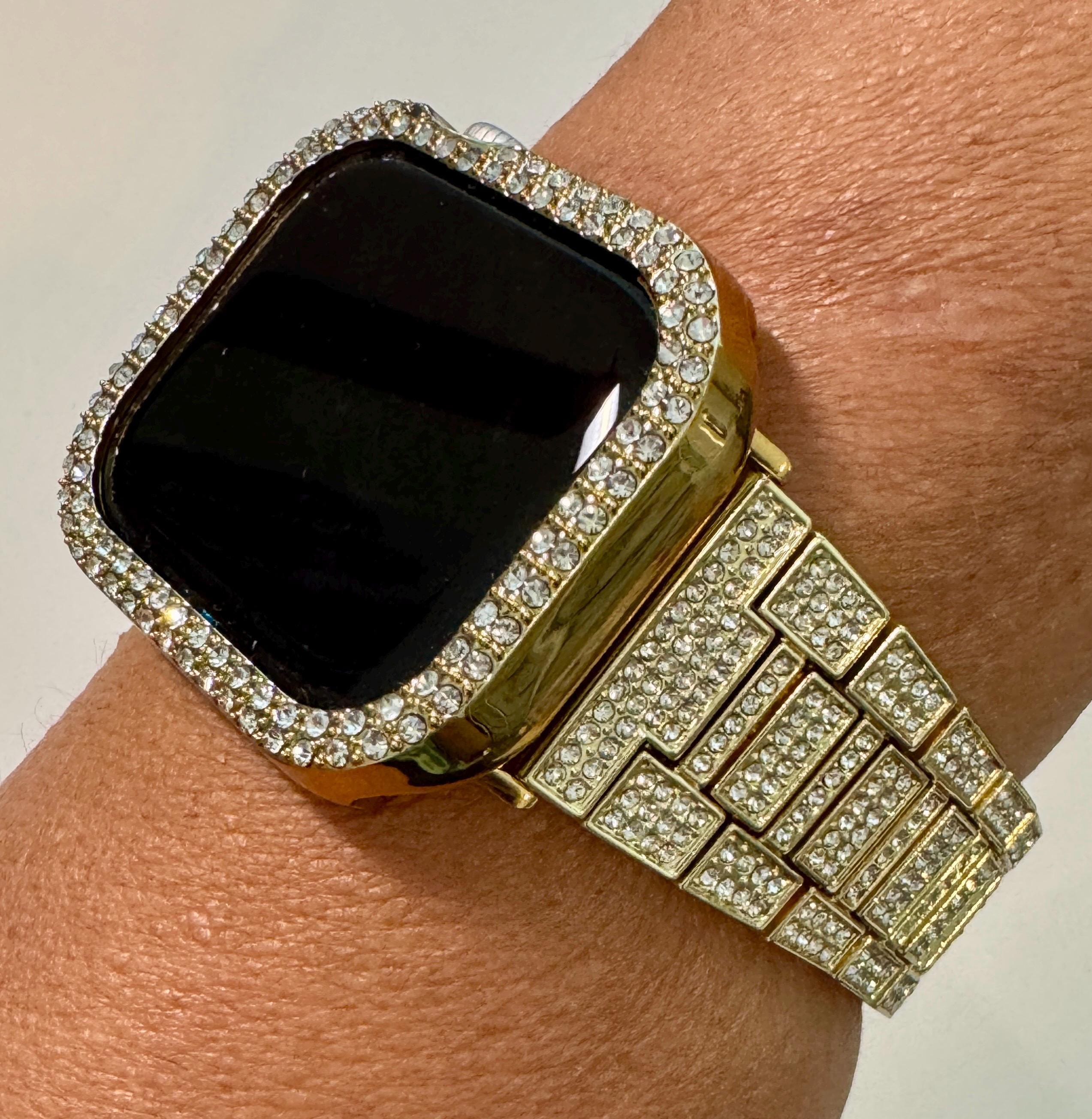 Series 10 Apple Watch Band Gold Swarovski Crystal & or Apple Watch Case Rhinestone Protective Apple Watch Face Iphone Watch 38-49mm Iwatch